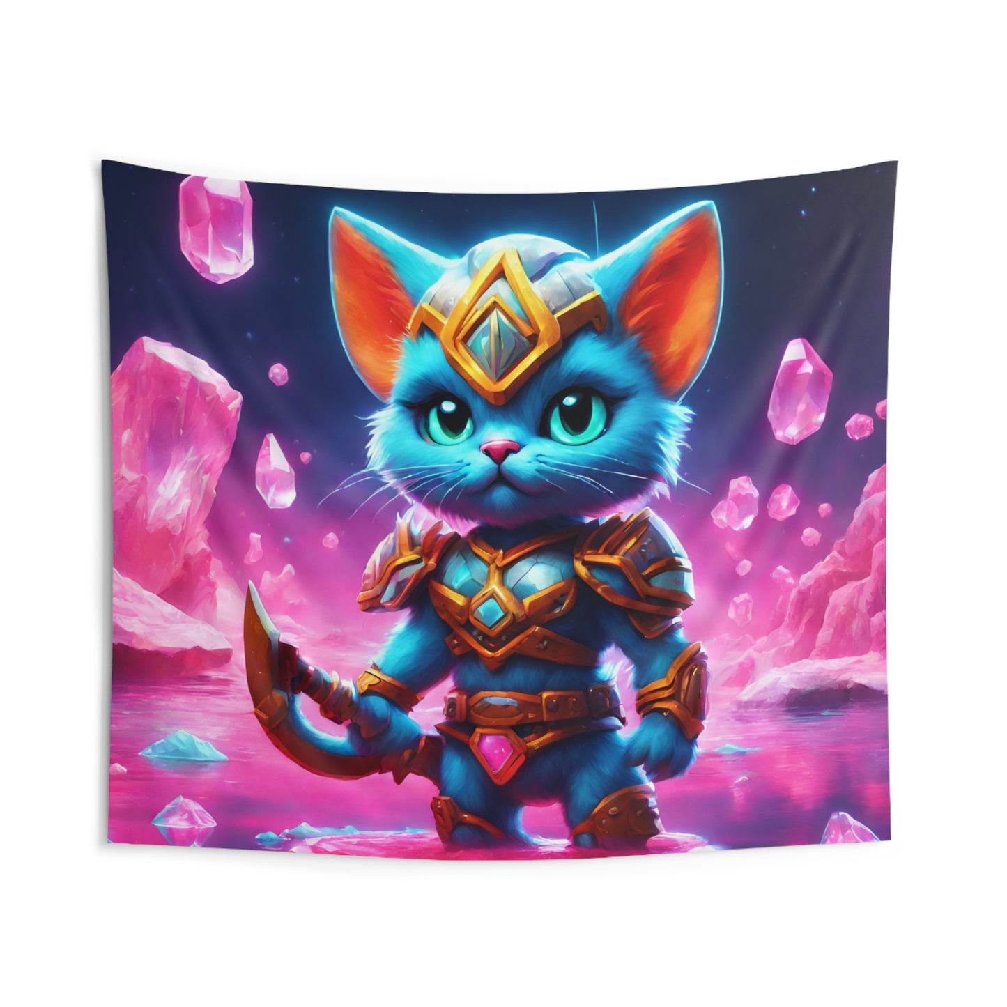 Warrior Cat Crystal Art Tapestry, Blue Armored Kitten Water Cavern Wall Hanging, Pink Glowing Stone Cave Mystical Bed & Game Room Gift
