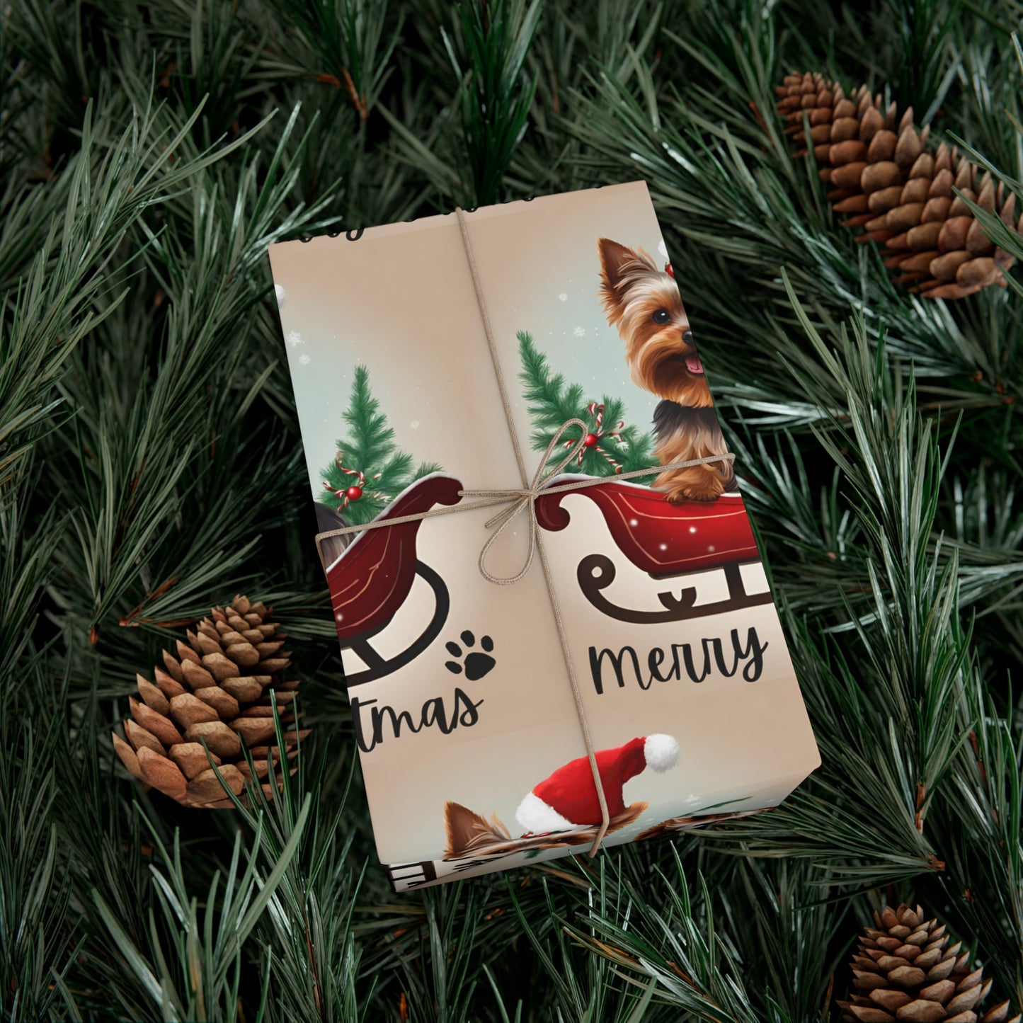 Dog Christmas Wrapping Paper, Yorkshire Terrier Sled Xmas Wrap, Santa Hat Yorkie Gift Wrap, Holiday Gift Wrap Roll