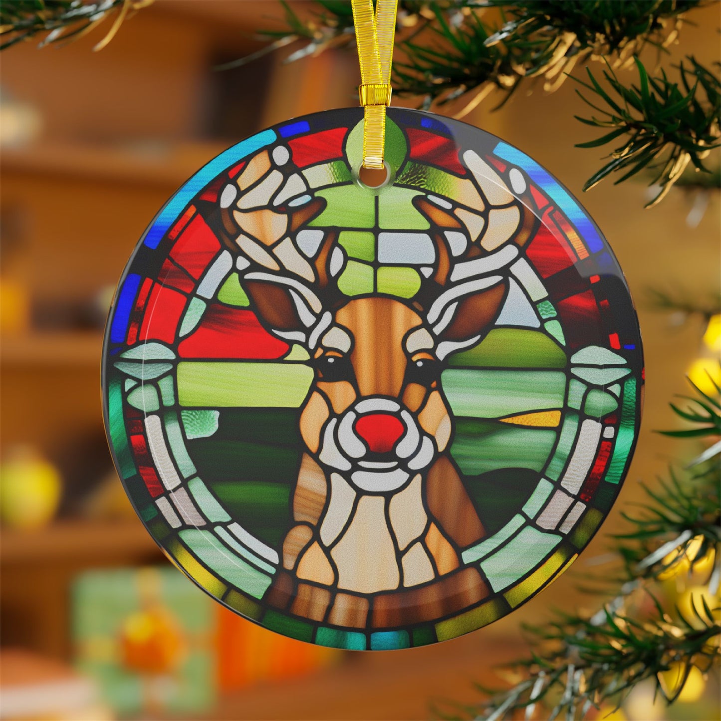 Rudolph Christmas Tree Decoration, Stained Glass Ornament Design, Reindeer Ornament