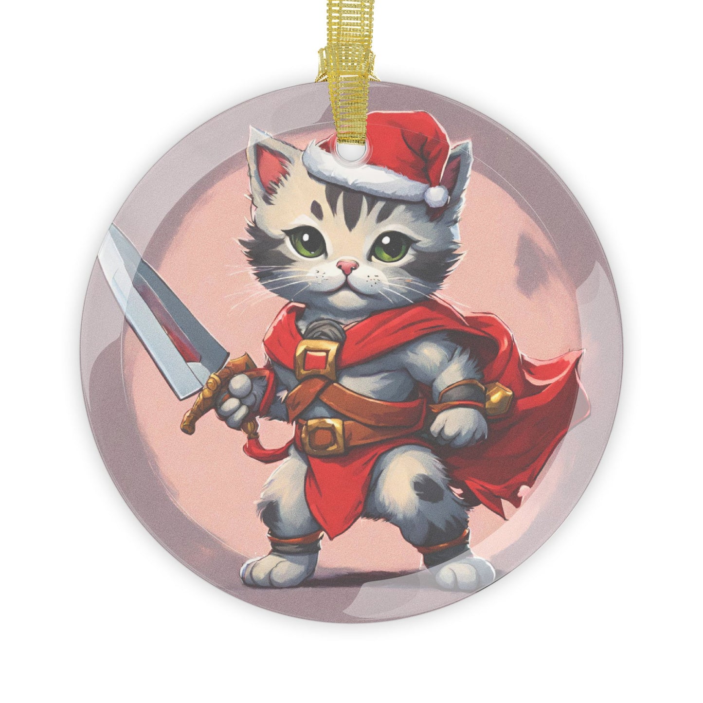 Kitten Christmas Ornament, Holiday Tree Decoration, Adorable Cat Gift, Round Glass Keepsake, KITTEN WARRIOR