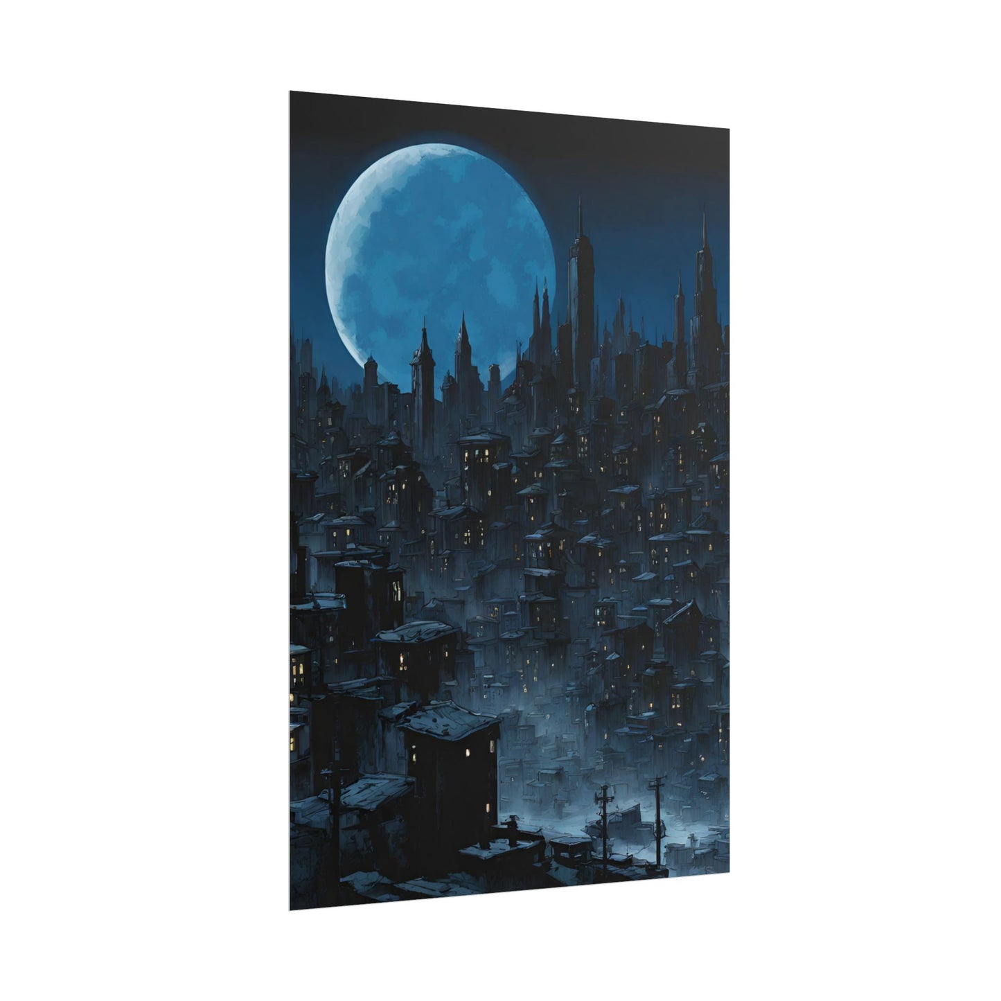 Wall Decor | Dark City Of The Night Poster | Blue Moon Darkness Falls Art | Gothic Lunar Moonlight Skyline | Living Room or Office Decor