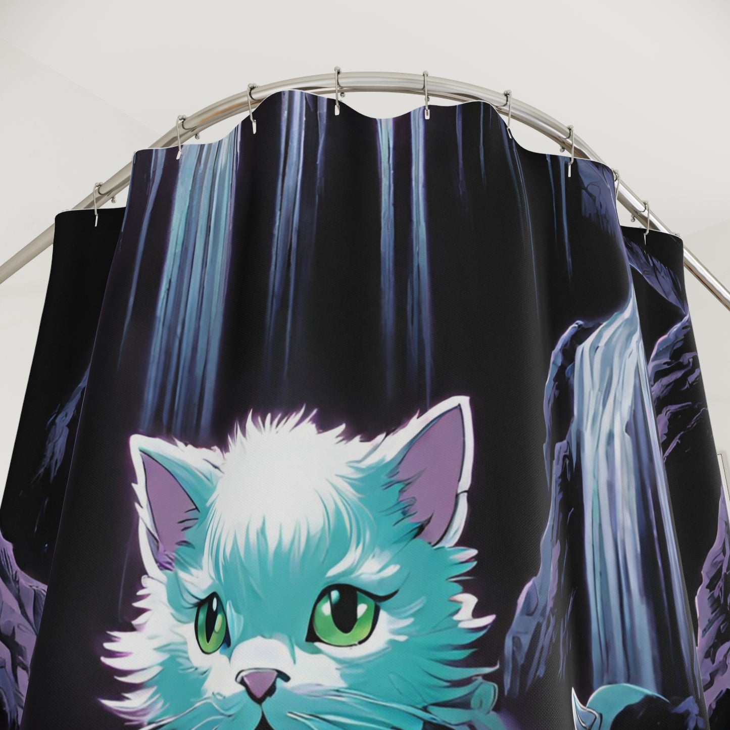Cat Warrior Shower Curtain, Kitten Cave Explorer, Waterfall Caverns Cat, Mystical Neon Sword