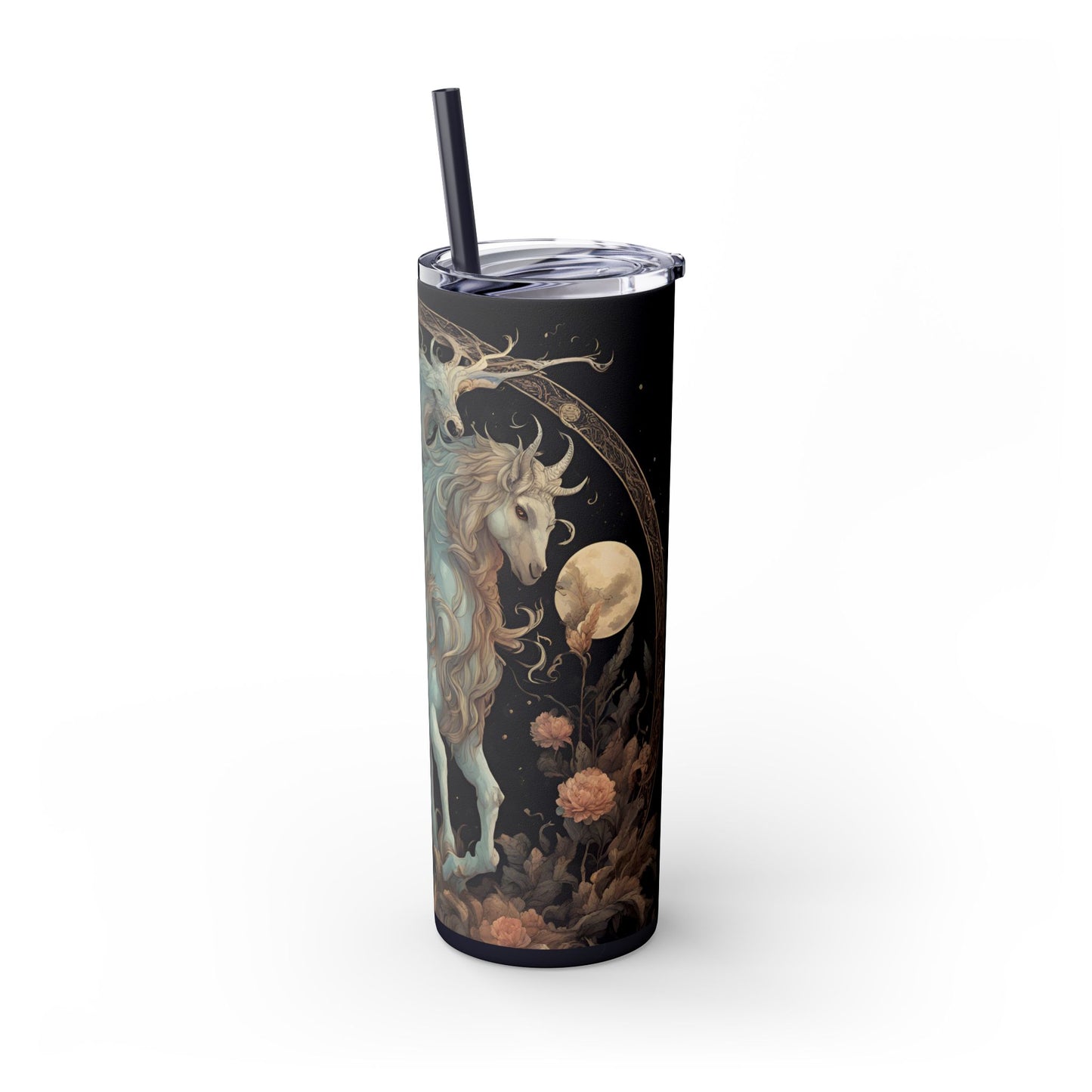 Majestic Myths Skinny Tumbler | Horned Goat Horse Drinking Cup | Floral Flower Night Sky Moon Fantasy Road Trip Exercise Traveler