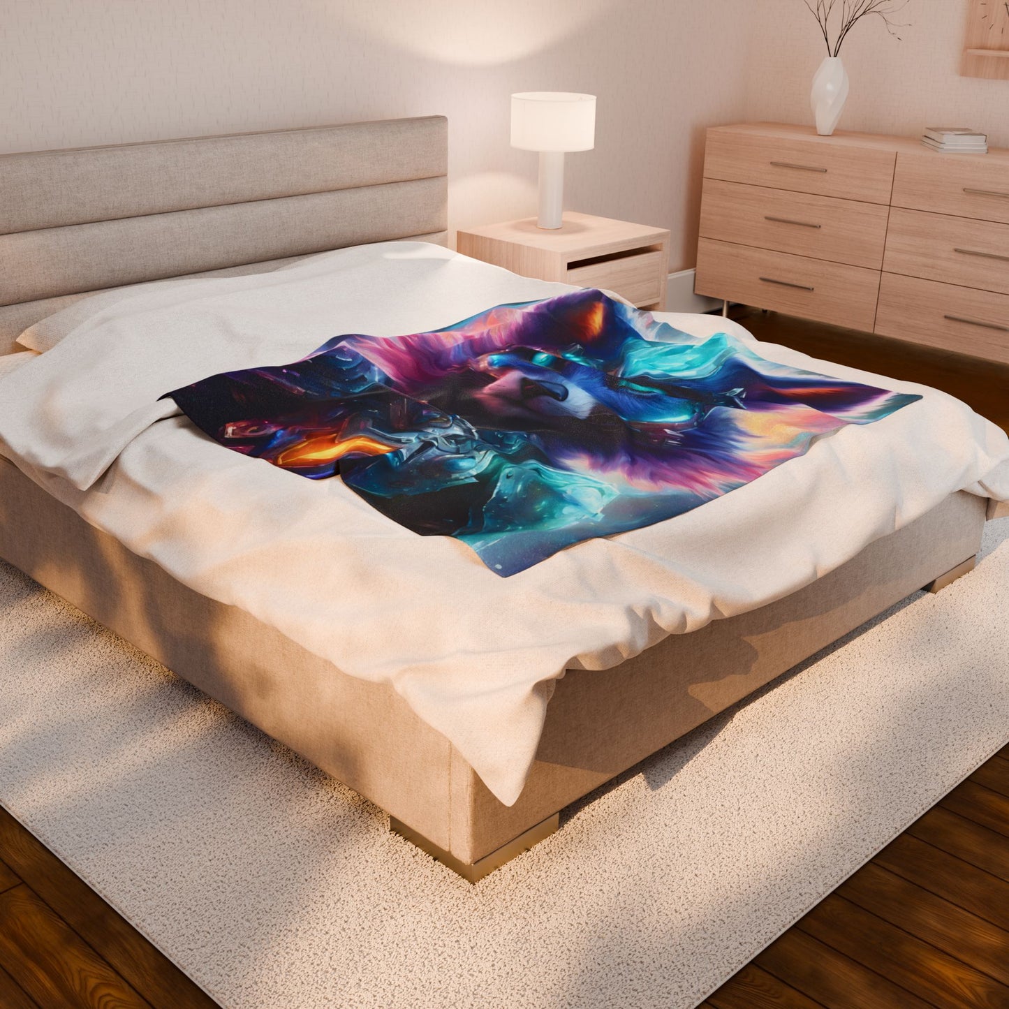 Warrior Fox Blanket, Cybernetic Armored Plush Throw Blanket, Neon Violet Crystal Guardian, Kids Adults Bed Couch Throw Cover
