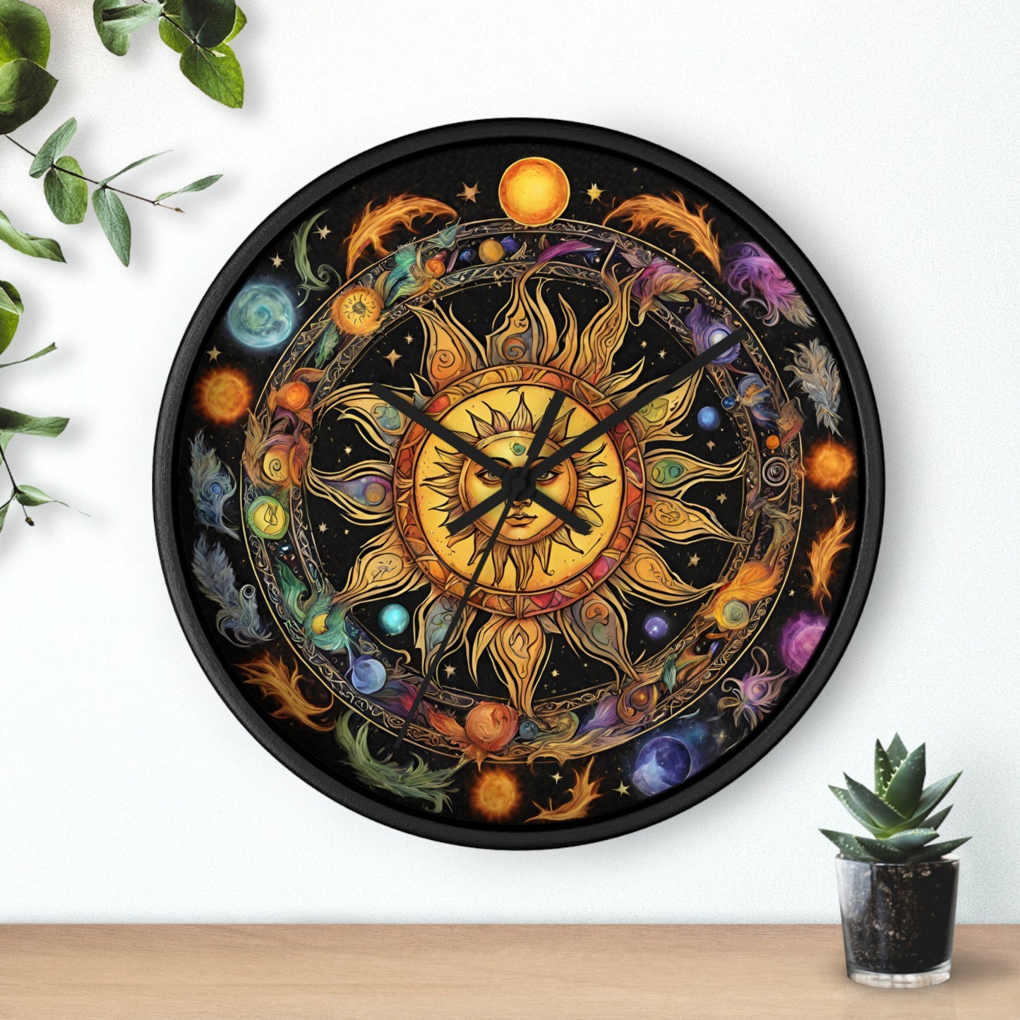 Sun Collage Wall Art Clock | Celestial Solstice Astronomy Wiccan Hanging | Comet Constellations Home Office Solar System Pagan Decor Gift