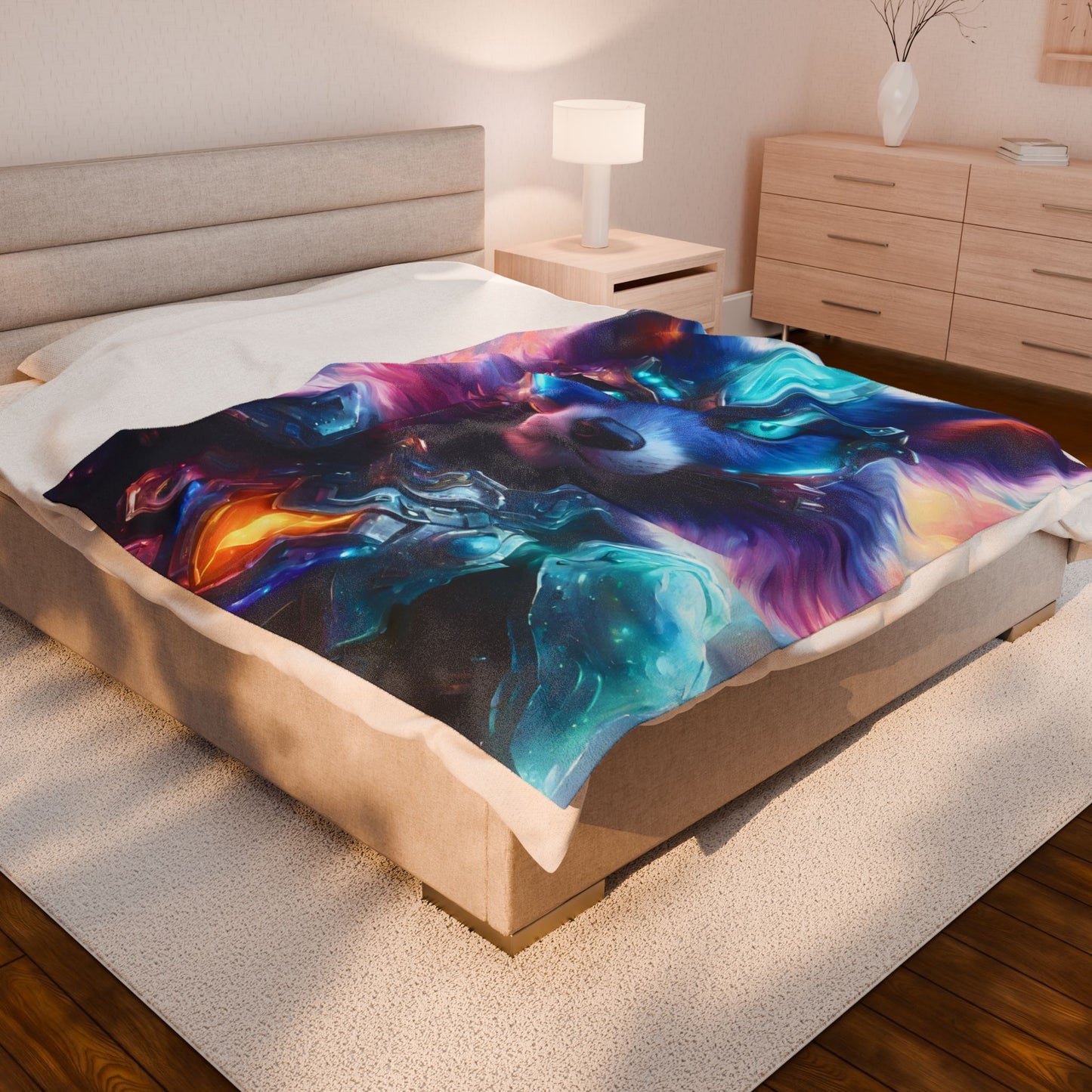Warrior Fox Blanket, Cybernetic Armored Plush Throw Blanket, Neon Violet Crystal Guardian, Kids Adults Bed Couch Throw Cover