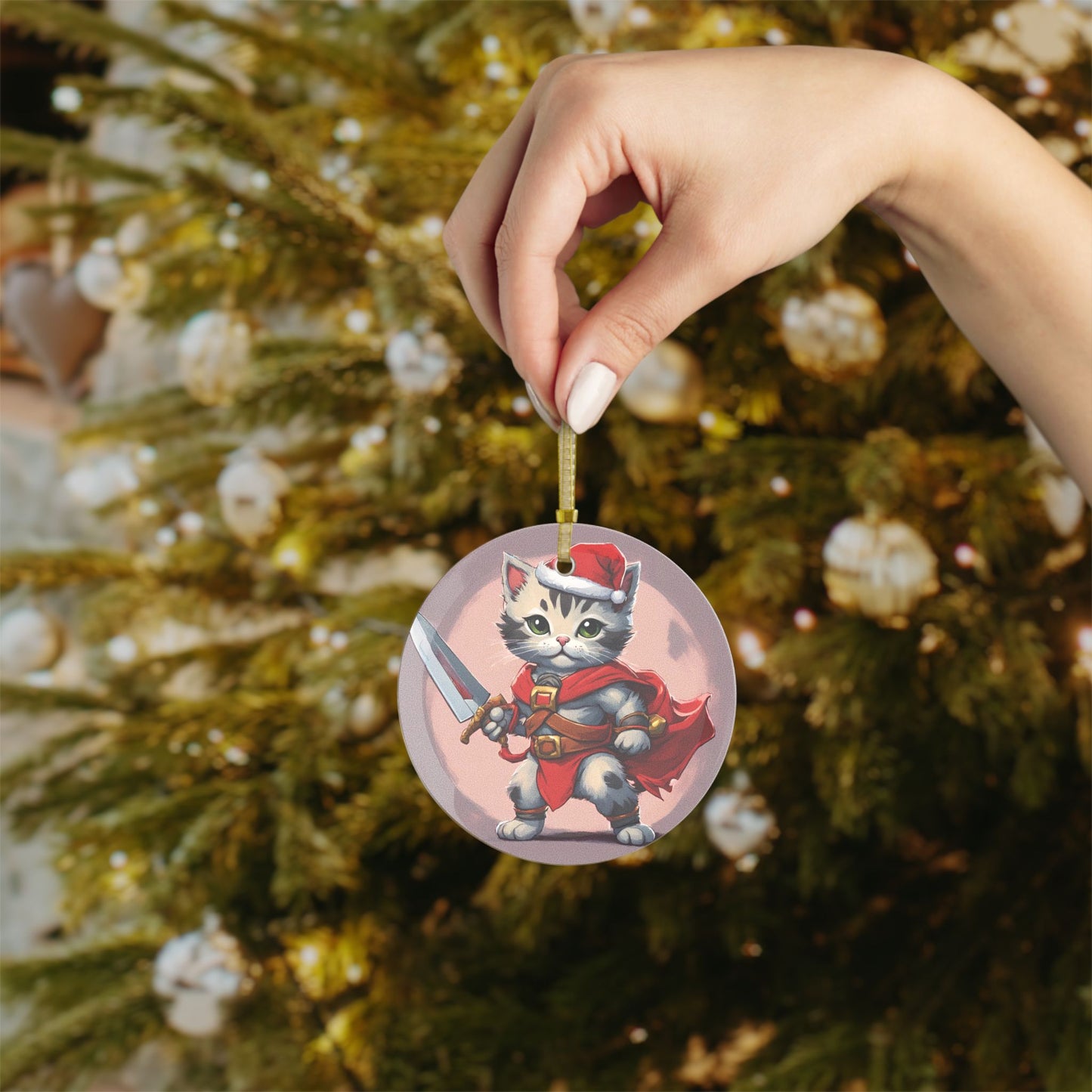 Kitten Christmas Ornament, Holiday Tree Decoration, Adorable Cat Gift, Round Glass Keepsake, KITTEN WARRIOR