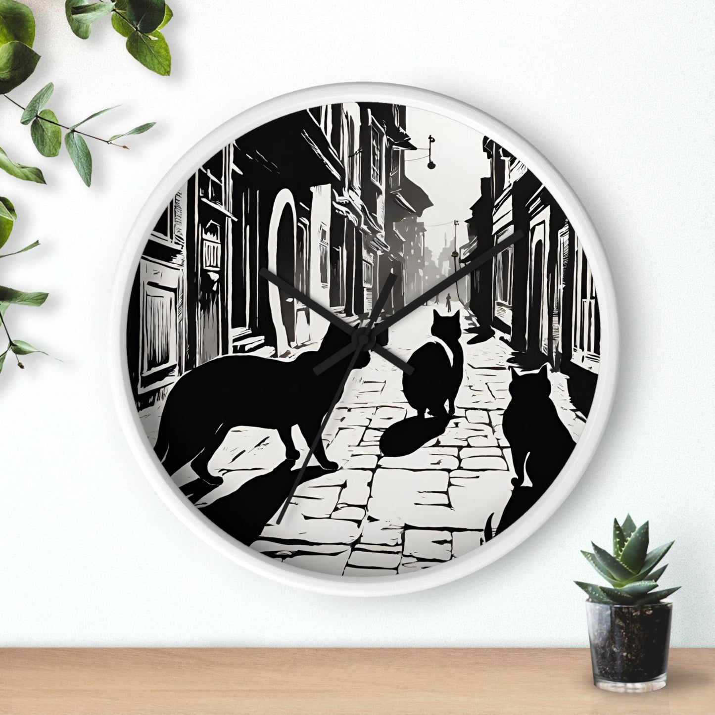 Cat Wall Art Clock | Shadow Feline Figures Town Wall Hanging | Home Office Cat Lovers Gift