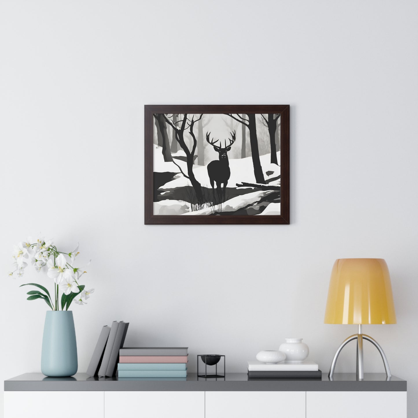 Animal Wall Art, Deer Hunter Picture, Big Buck Print, Hunting, Snowy, Creek, Shadow Wall Hanging, Winter Snow Image, Living Room Poster