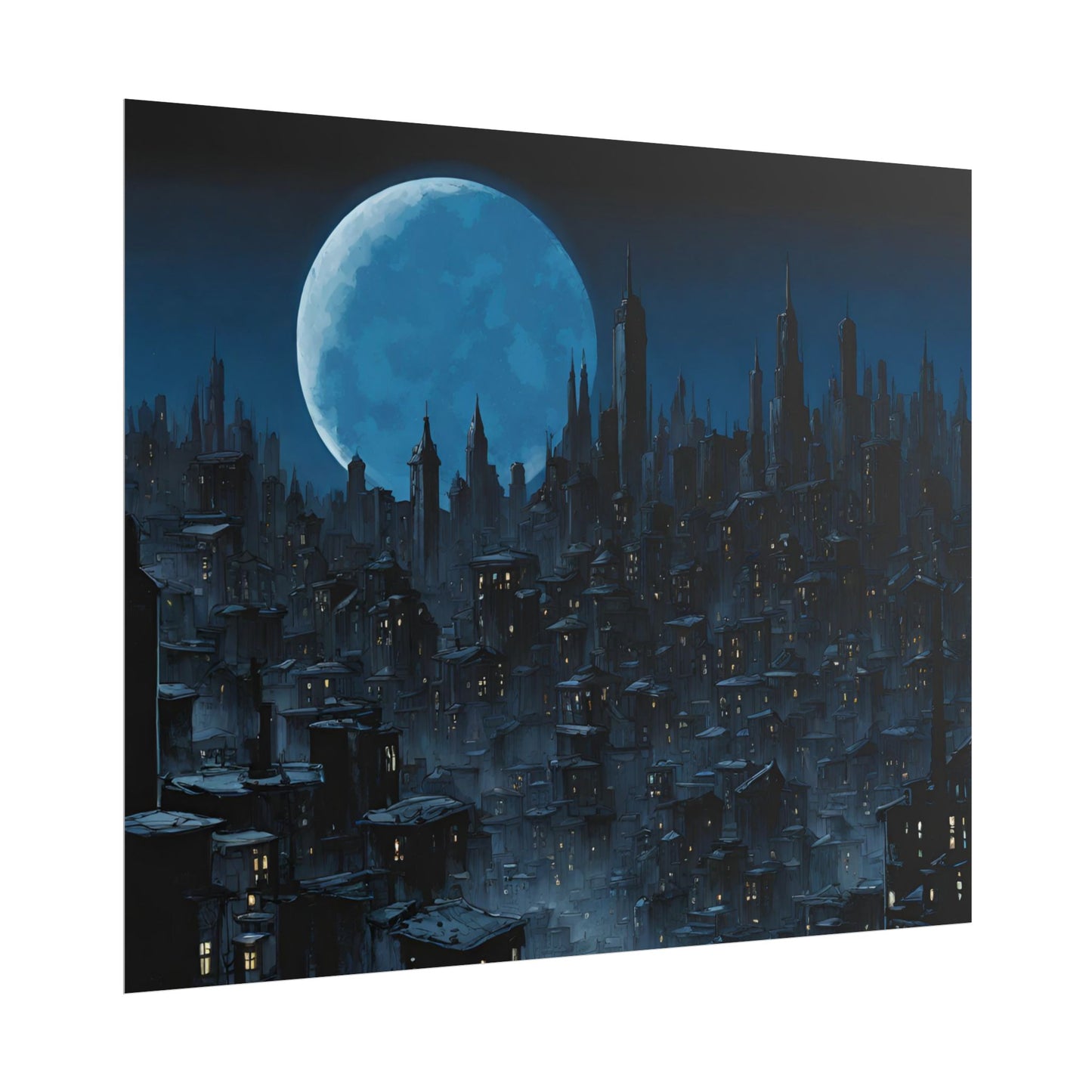 Wall Decor | Dark City Of The Night Poster | Blue Moon Darkness Falls Art | Gothic Lunar Moonlight Skyline | Living Room or Office Decor