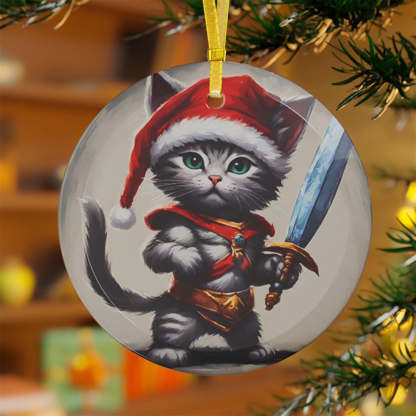 Kitten Christmas Ornament, Holiday Tree Decoration, Adorable Cat Gift, Round Glass Keepsake, KITTEN WARRIOR