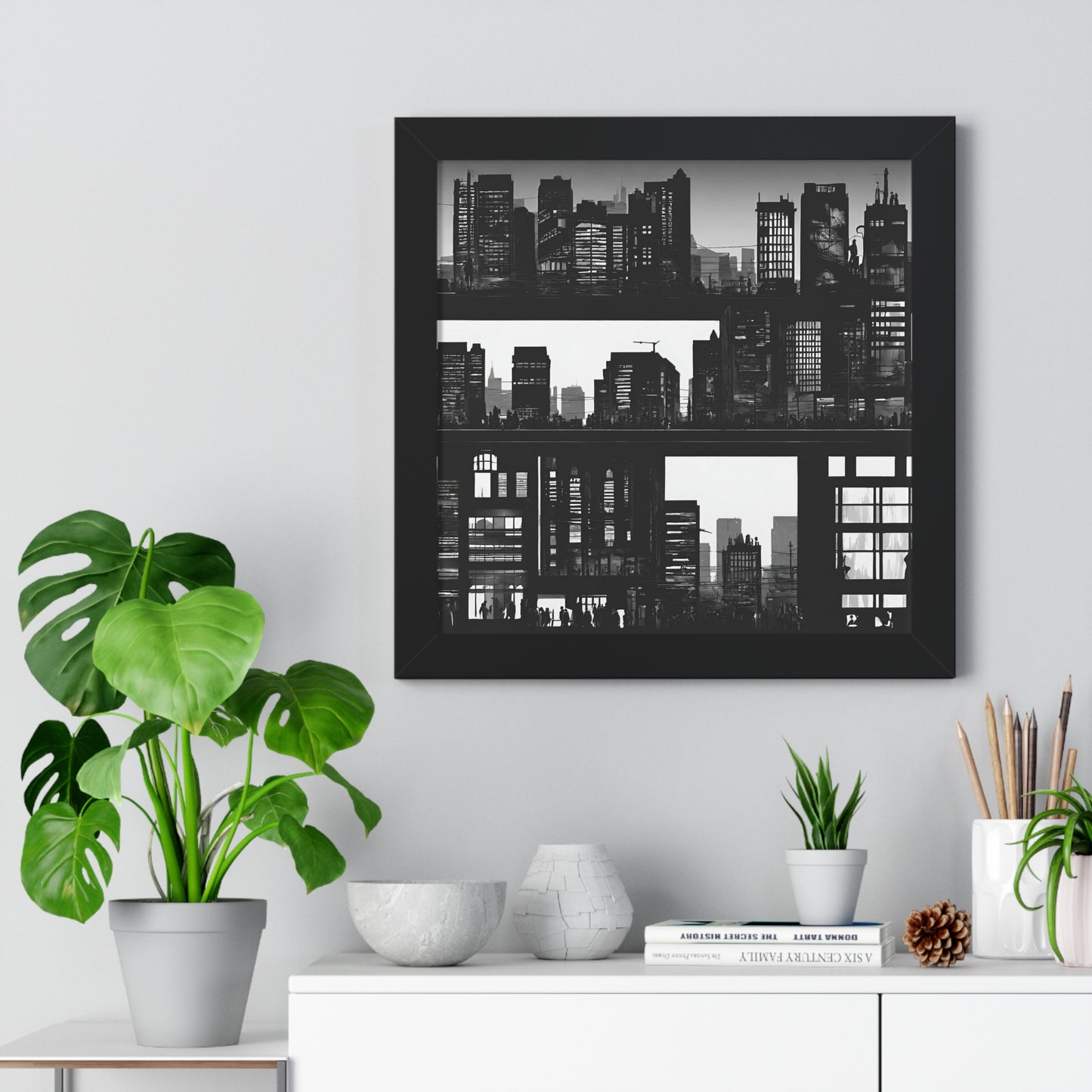 Wall Decor | City Street Panels Framed Poster | Skyline Buildings and Street Levels | Bedroom, Work or Home Office Wall Art Picture