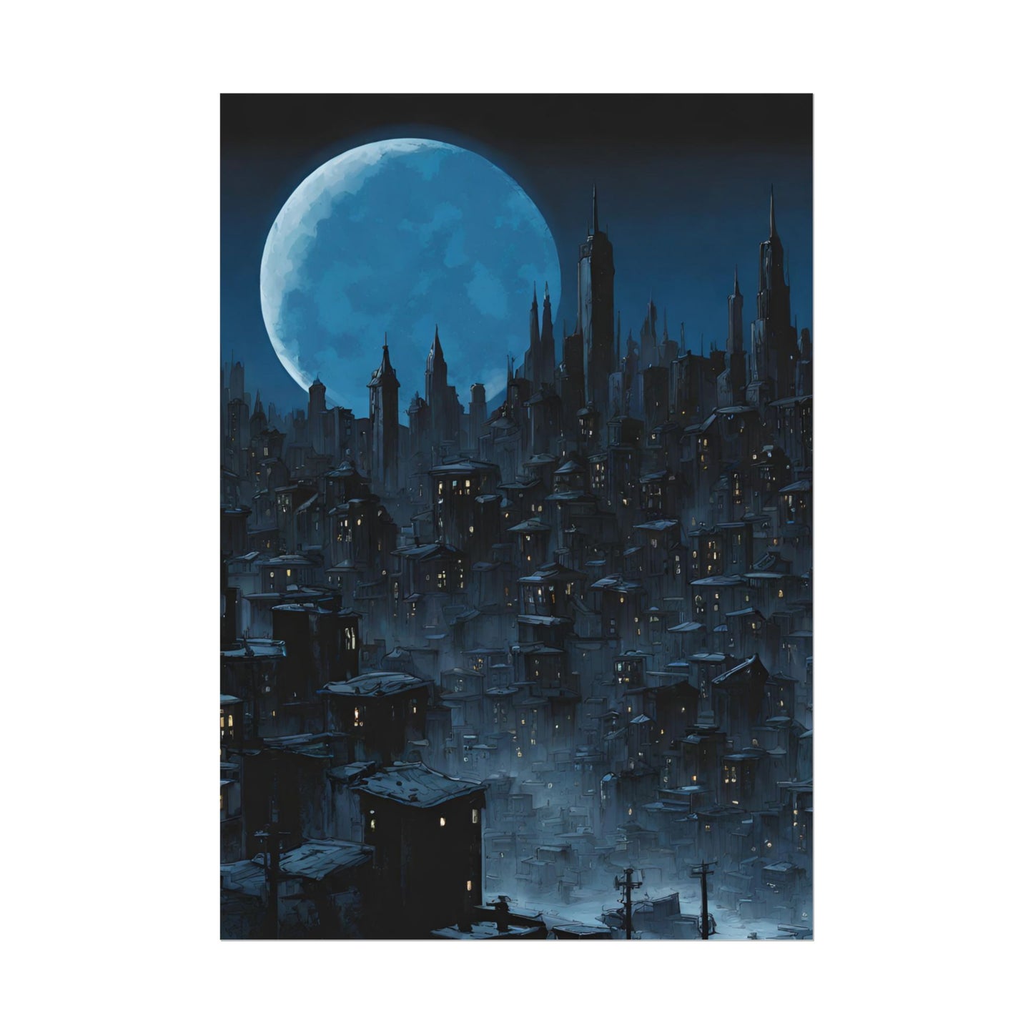 Wall Decor | Dark City Of The Night Poster | Blue Moon Darkness Falls Art | Gothic Lunar Moonlight Skyline | Living Room or Office Decor