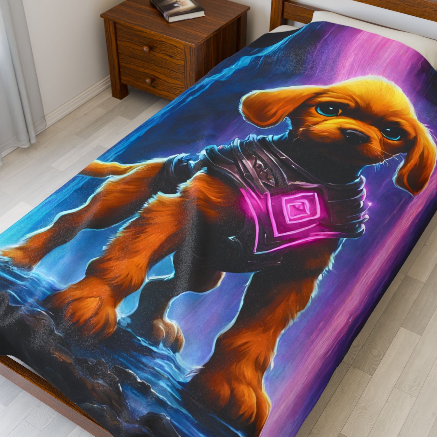 Warrior Puppy Blanket, Waterfall Dog Plush Throw Blanket, Cosmic Neon Armored Pup Bed Cover, Glowing Cave Bedroom Twin Cover
