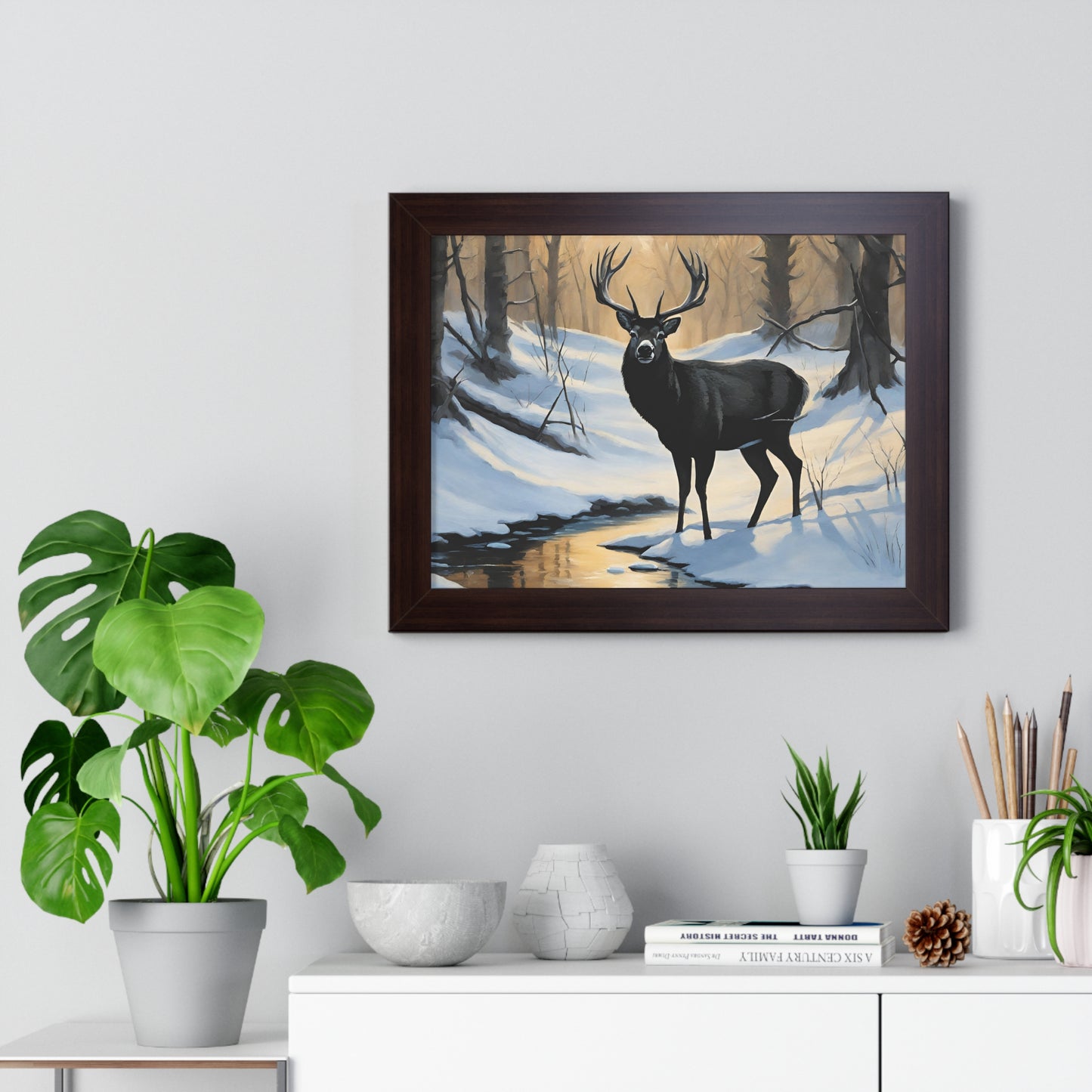 Animal Wall Art, Deer Hunter Picture, Big Buck Print, Woods, Creek, Shadow Wall Hanging, Sunset Snow Image, Living Room Poster, Framed Art