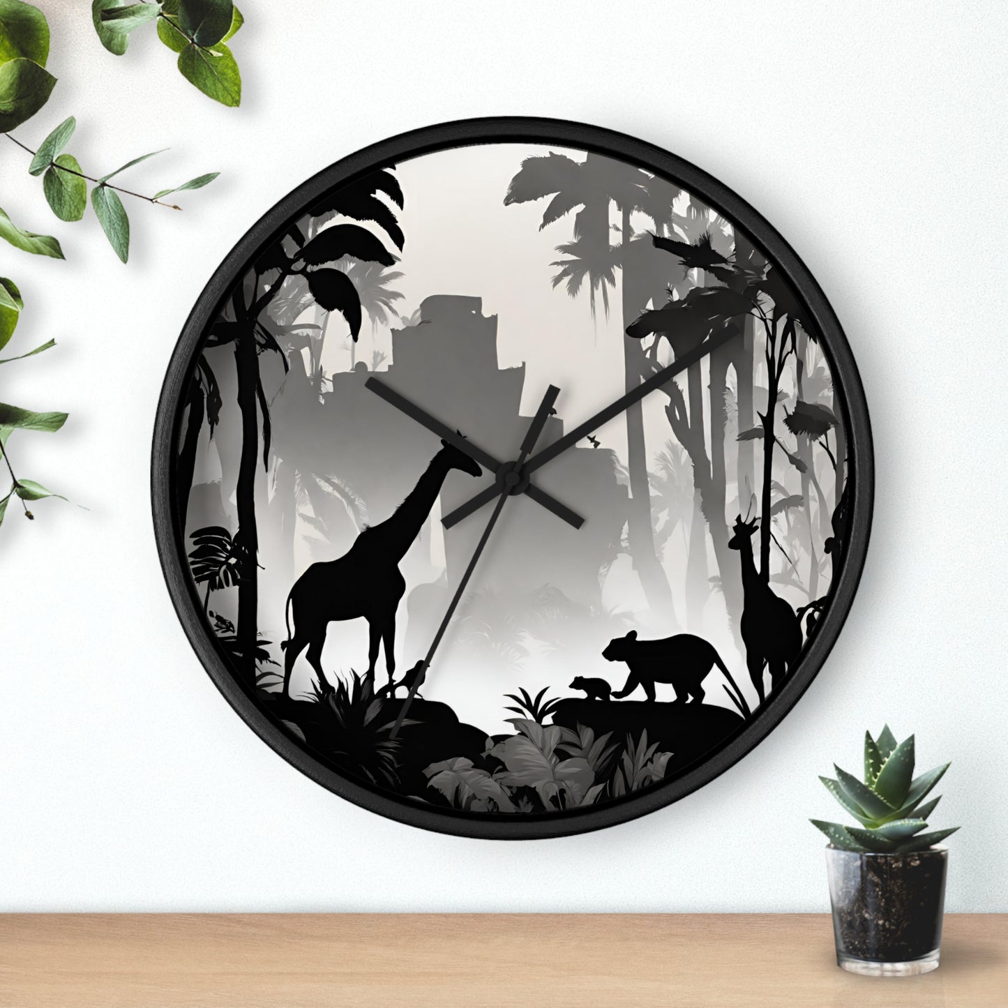 Jungle Giraffes Wall Art Clock | Shadowy Wild Nature Wall Hanging | Home Office Animal Wall Decor Gift