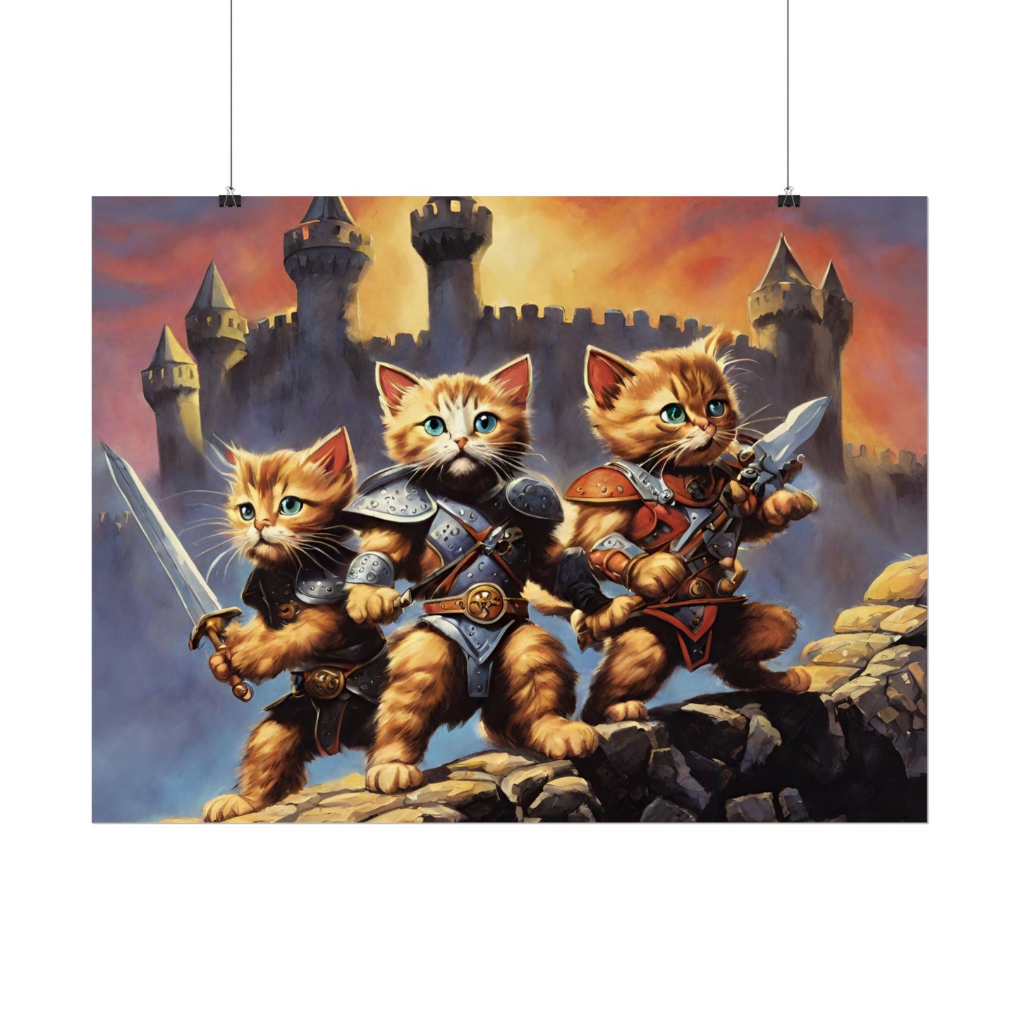 Cat Battler Warrior Poster, Office Bedroom Man Cave Portrait, Sword Wielding Cat Universe, Kitten Fighters Fantasy Wall Hanging