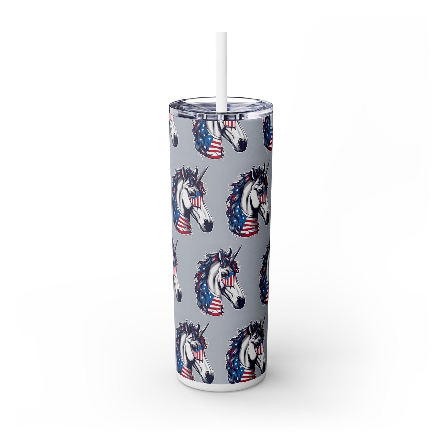 Patriotic American Unicorn Skinny Tumbler | United States Freedom Loving Horse Insulated Cup | US Flag Veteran Gift Patriot Drink Traveler