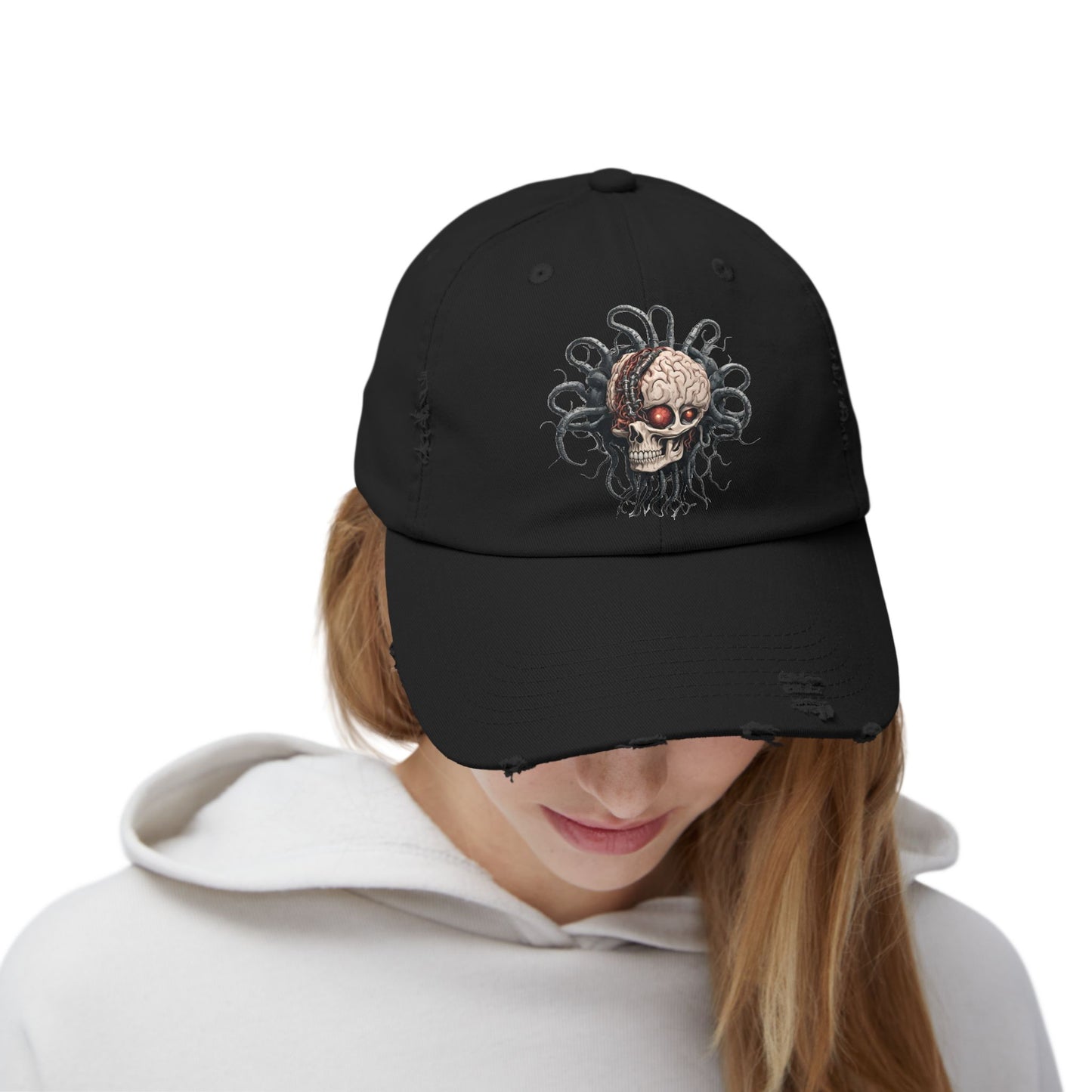 Alien Brain Robot Skull Hat, Contra Video Game Inspired Ball Cap, Metal Tentacle Cyborg Outer Space Bedroom Spring, Summer, Fishing Gift