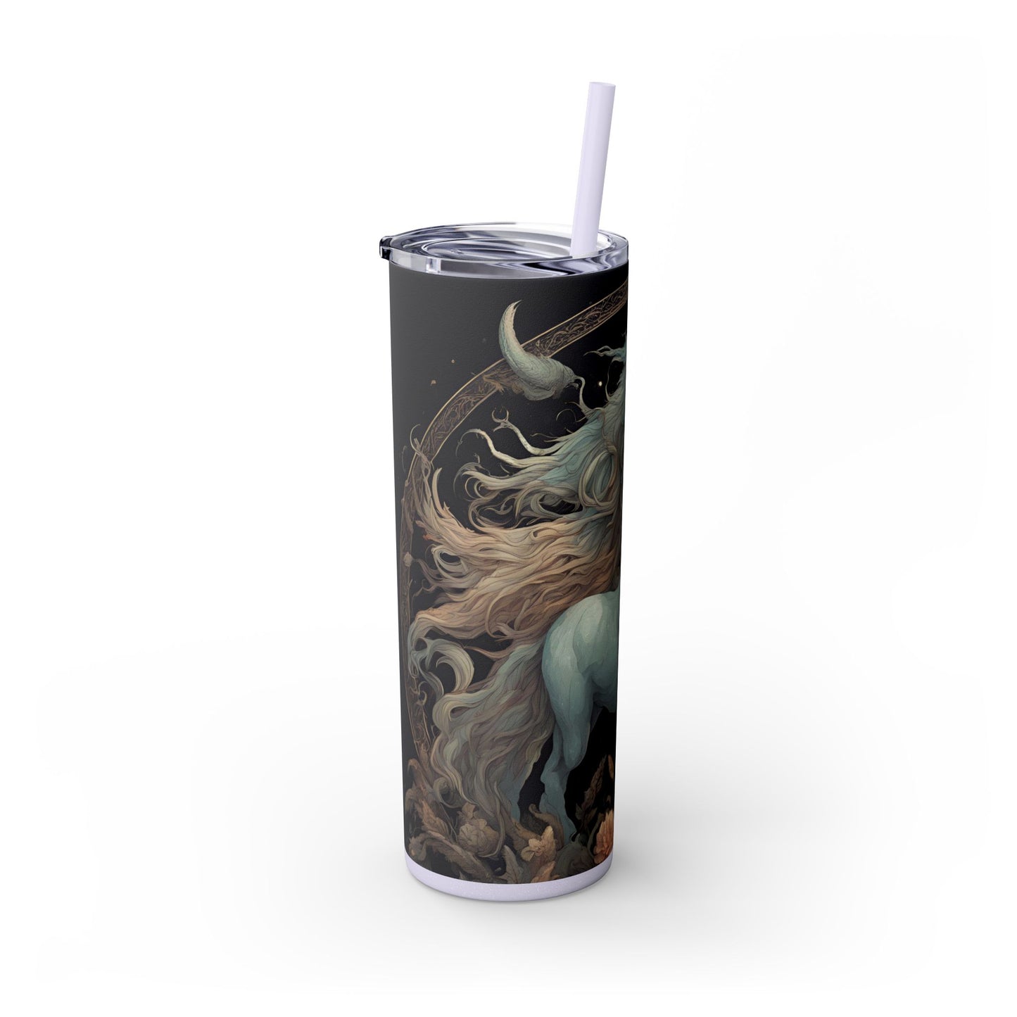 Majestic Myths Skinny Tumbler | Horned Goat Horse Drinking Cup | Floral Flower Night Sky Moon Fantasy Road Trip Exercise Traveler