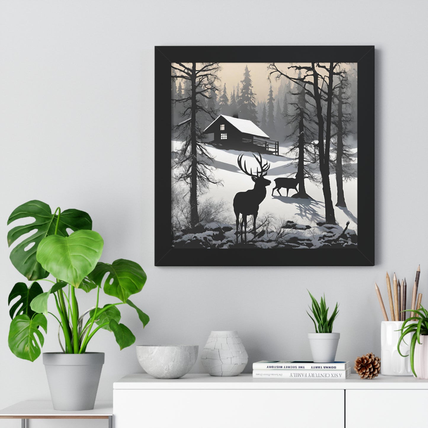 Animal Wall Art, Deer Hunter Picture, Buck Print, Hunting Cabin, Shadow Wall Hanging, Winter Snow Image, Living Room Poster, Framed Art