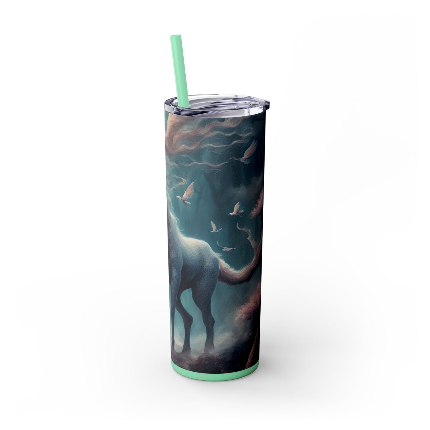 Majestic Myths Skinny Tumbler | Floral Flower Forest Horned Horse Insulated Cup | Mystical Maned Goat Fantasy Drink Travel Exercise Gift