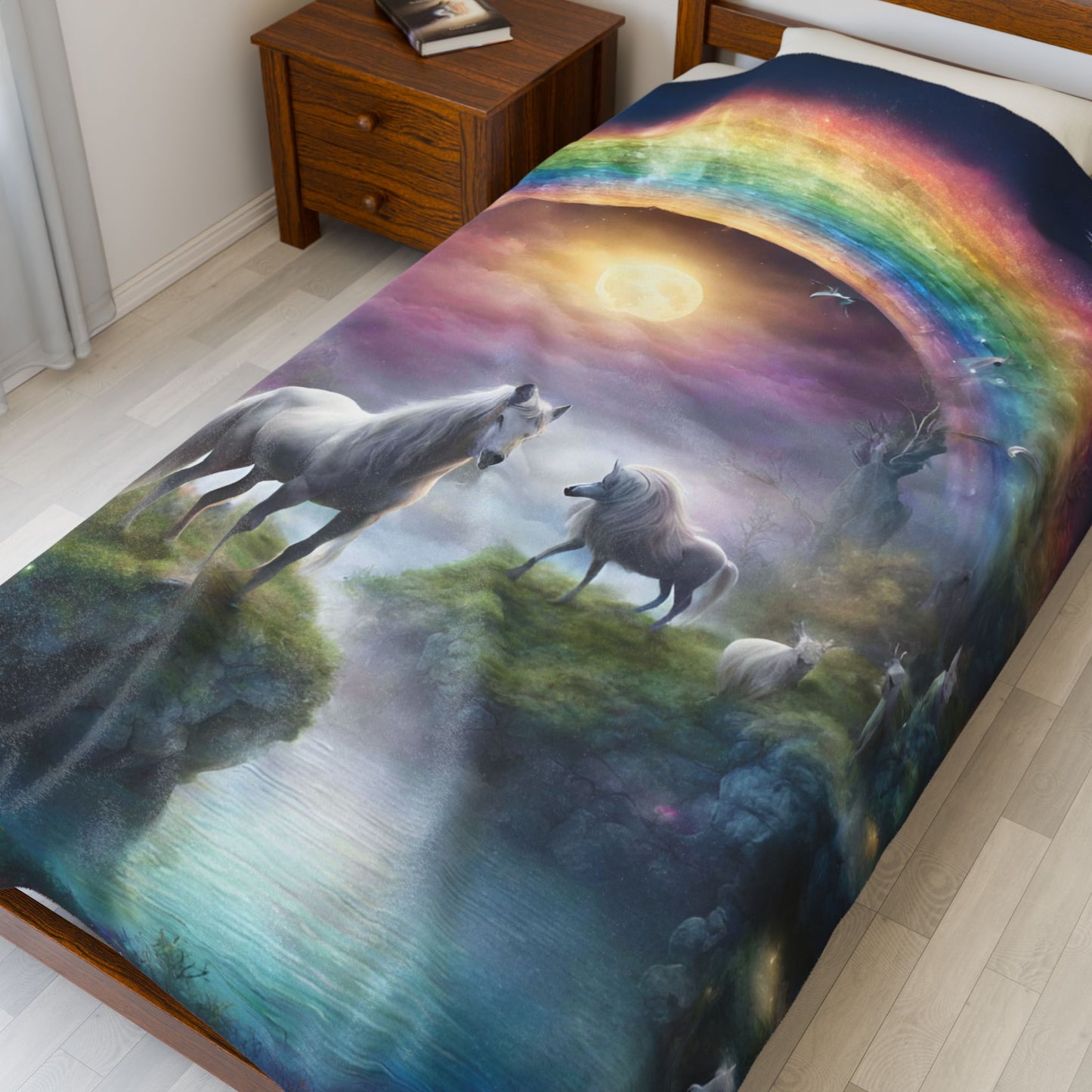Girls Rainbow Blanket, Mystical Horse Girls Christmas Gift, Moonlight Fantasy Dreams Toddler Childrens Bed Blanket