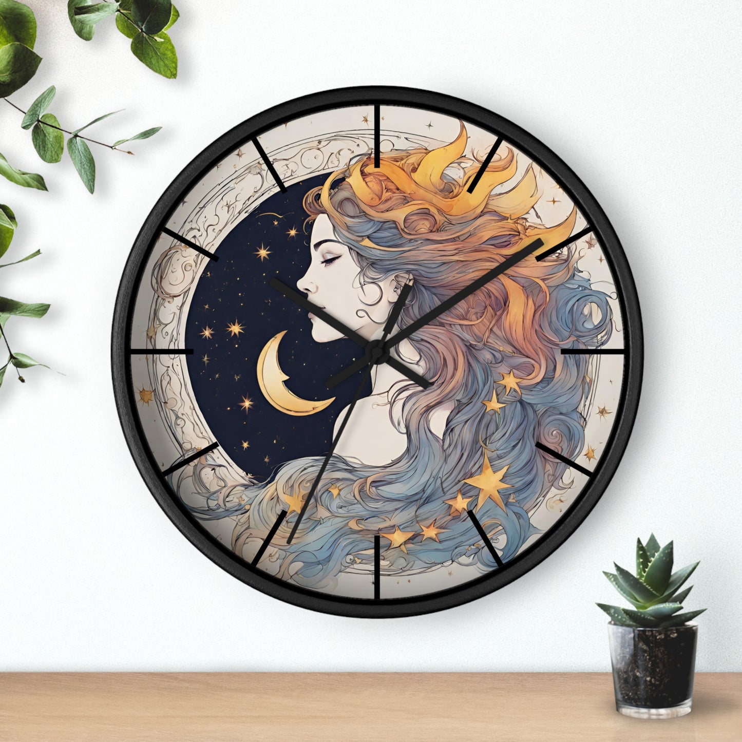 Moon Goddess Lined Wall Art Clock | Lunar Stars & Space Astronomy Wall Hanging | Woman of Time Home Office Solar System Wall Decor Gift