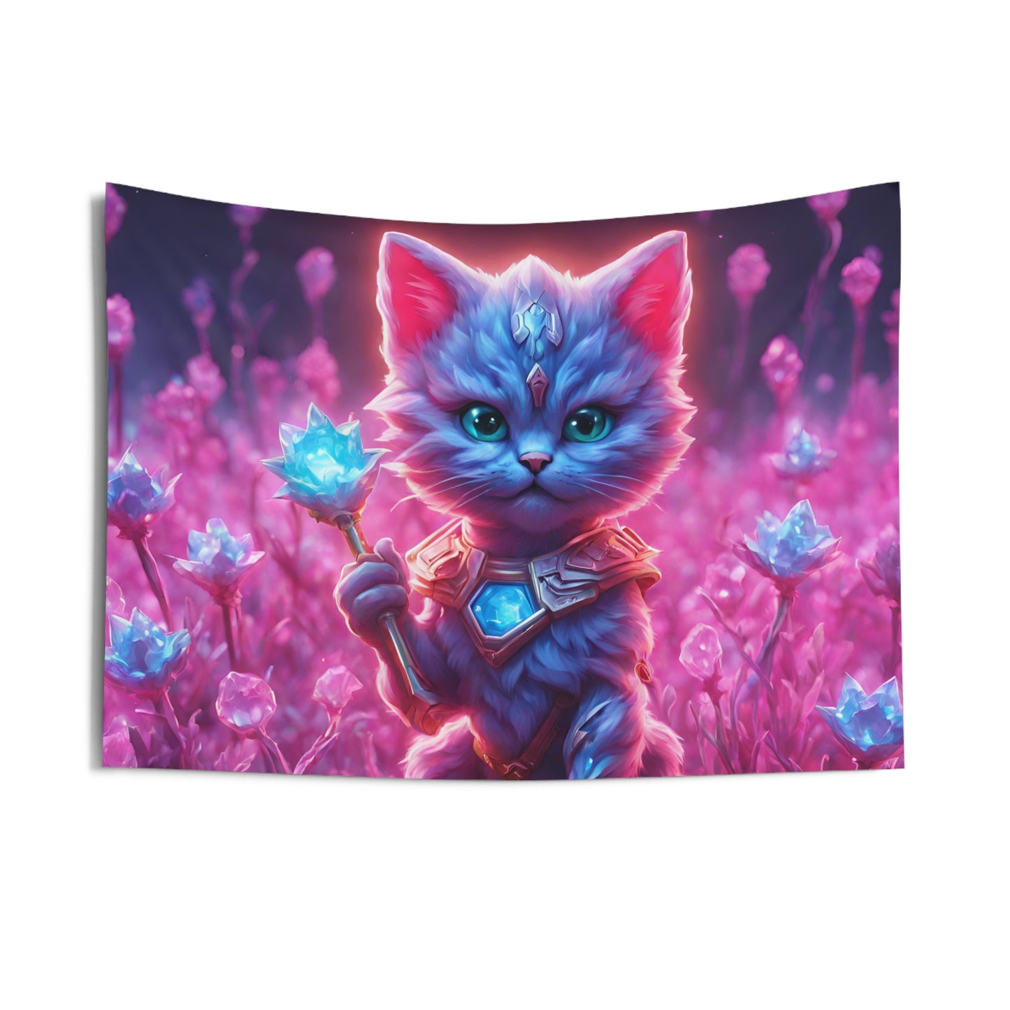 Warrior Cat Crystal Grove Tapestry, Thunder Bolt Armored Kitten Mystical Weapon Wall Hanging, Pink Blue Infused Blossom Field Tapestry