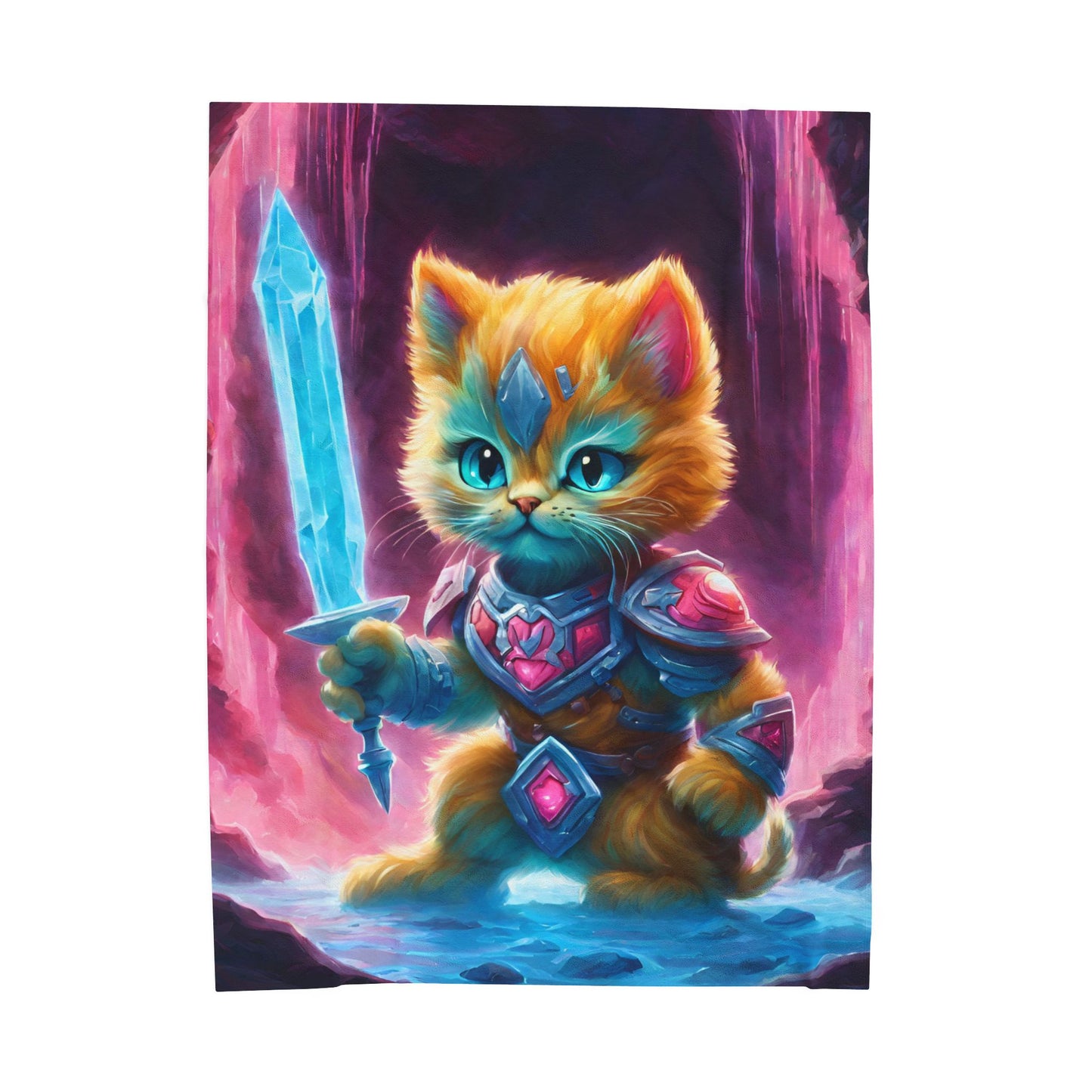 Warrior Cat Blanket, Waterfall Cat Plush Throw Blanket, Neon Sword Seeker, Armored Kitty Bed Cover, Glowing Cave Bedroom Twin Cover