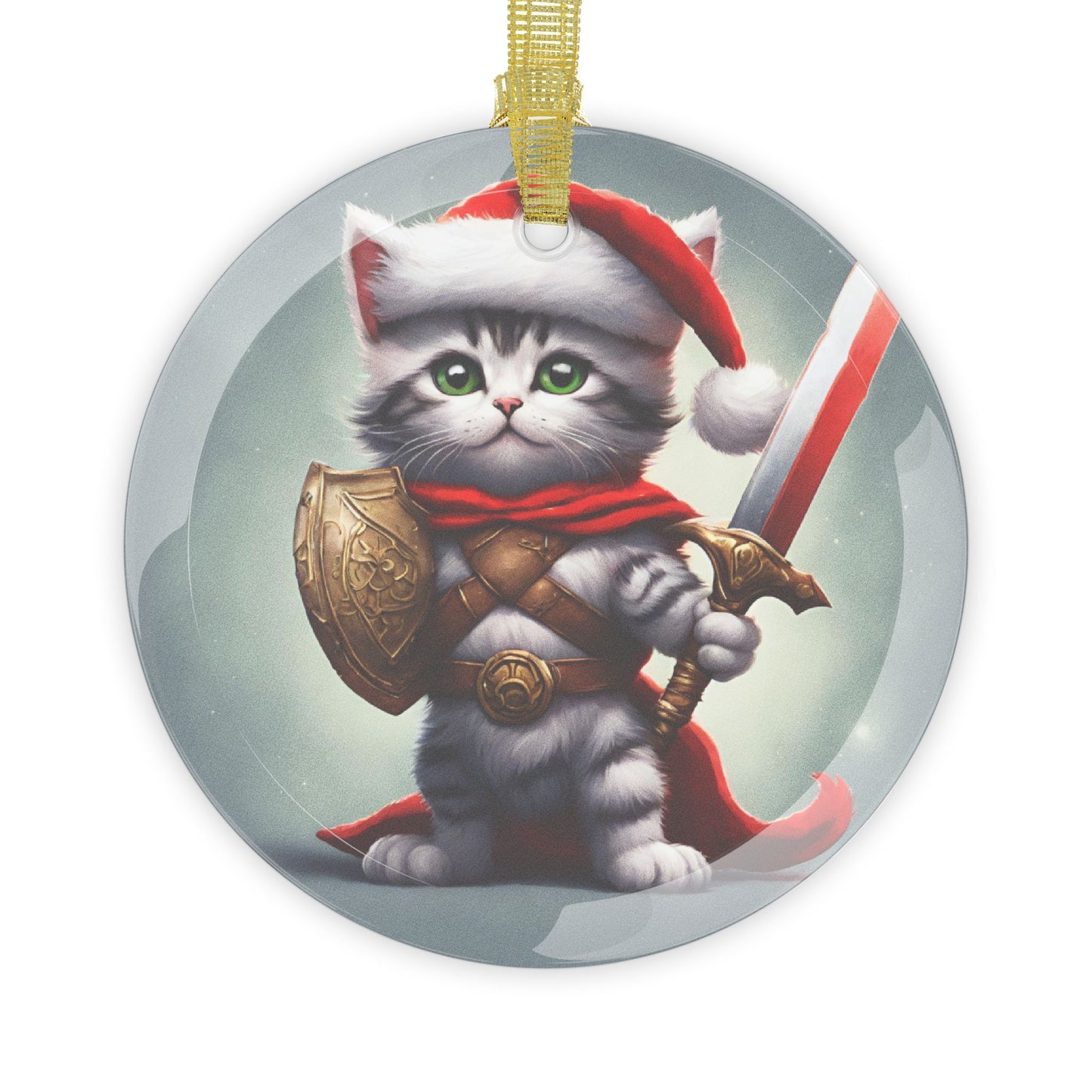 Kitten Christmas Ornament, Holiday Tree Decoration, Adorable Cat Gift, Round Glass Keepsake, KITTEN WARRIOR