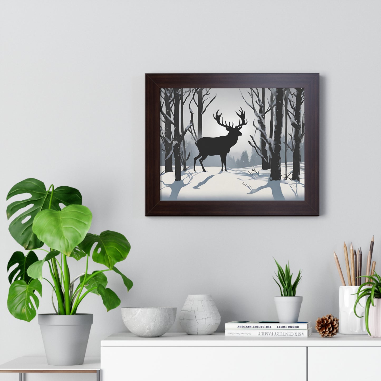 Animal Wall Art, Deer Hunter Picture, Big Buck Print, Hunting Cabin, Shadow Wall Hanging, Winter Snow Image, Living Room Poster, Framed Art