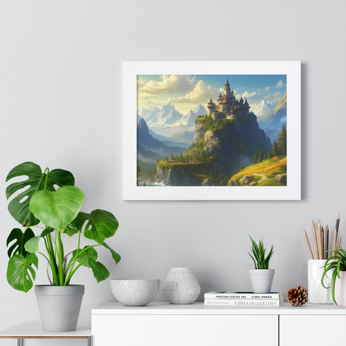 Video Game Fantasy Castle, RPG Valley Framed Poster, Mountain Nature Scene Picture, Open World Style Wall Hanging, Gamer Office Scenery