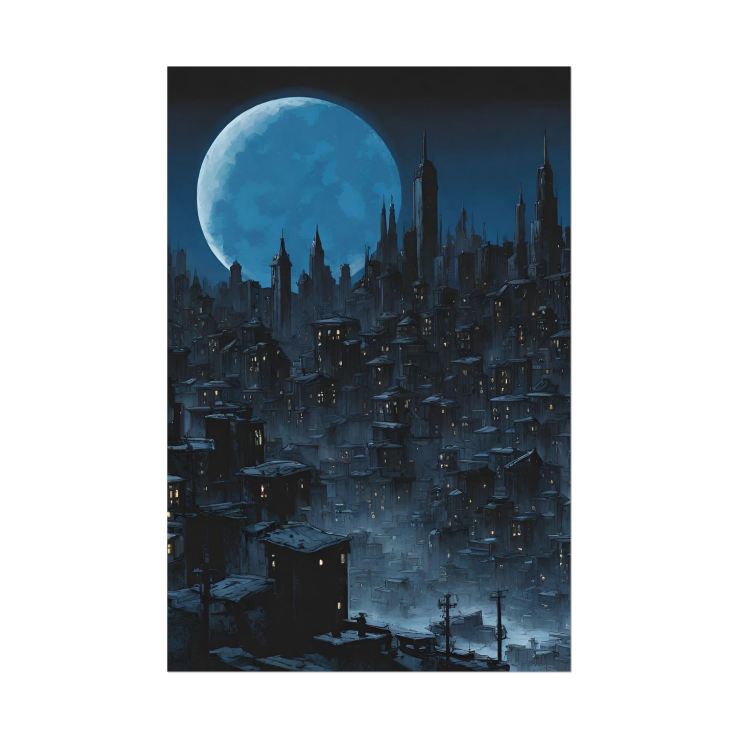Wall Decor | Dark City Of The Night Poster | Blue Moon Darkness Falls Art | Gothic Lunar Moonlight Skyline | Living Room or Office Decor
