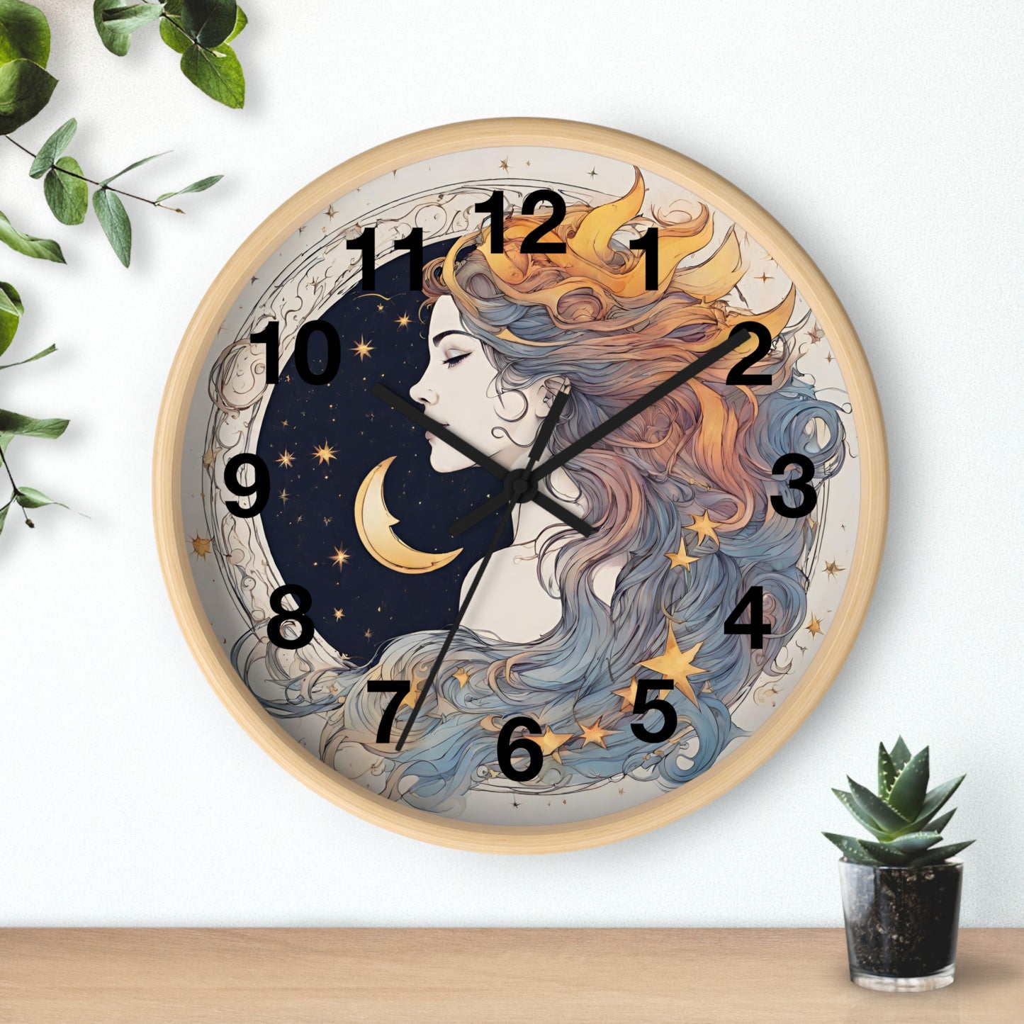 Moon Goddess Numbered Wall Art Clock | Lunar Stars & Space Astronomy Wall Hanging | Woman of Time Home Office Solar System Wall Decor Gift
