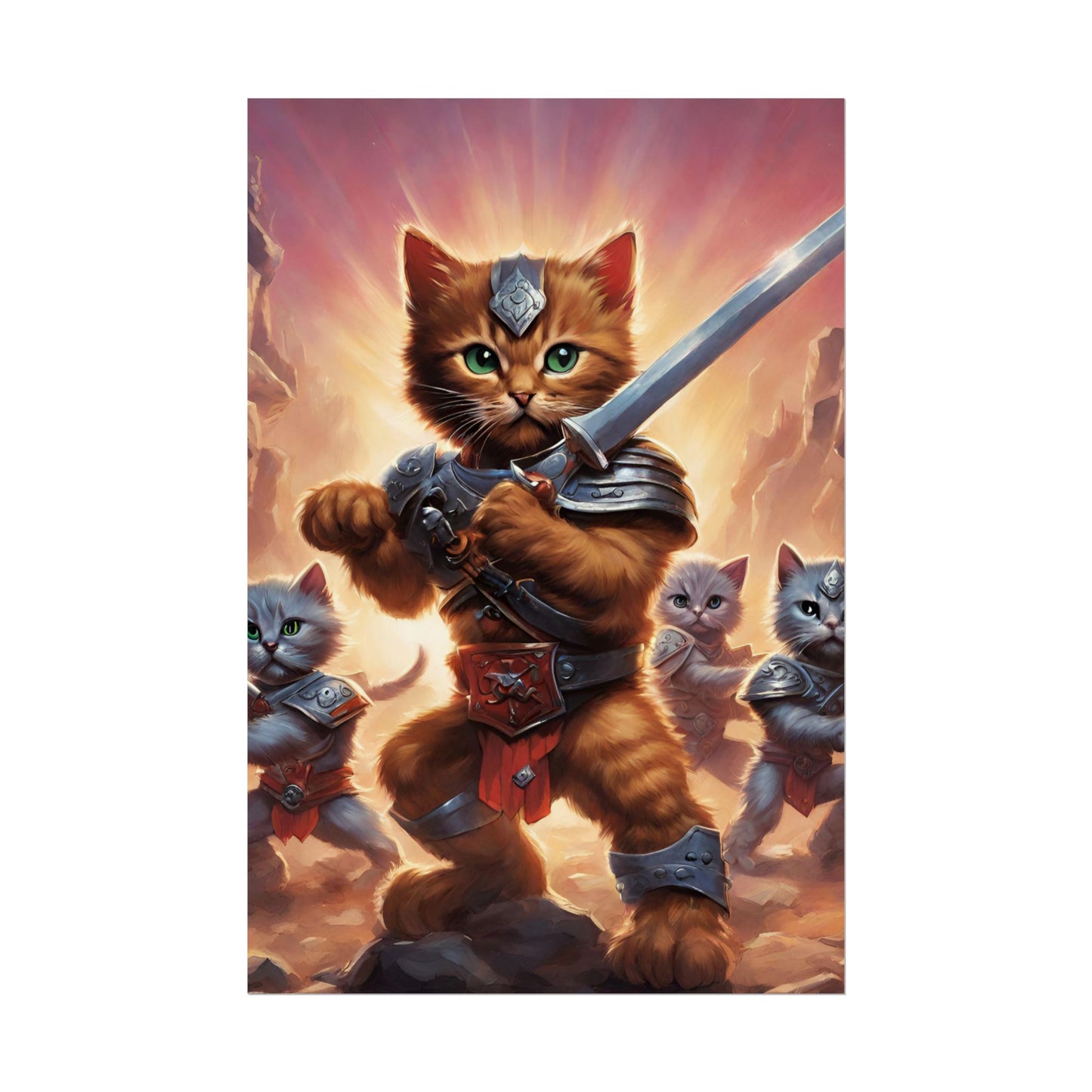Cat Battler Warrior Poster, Office Child Bedroom Man Cave Portrait, Sword Wielding Cat Universe, Kitten Fighters Fantasy Wall Hanging
