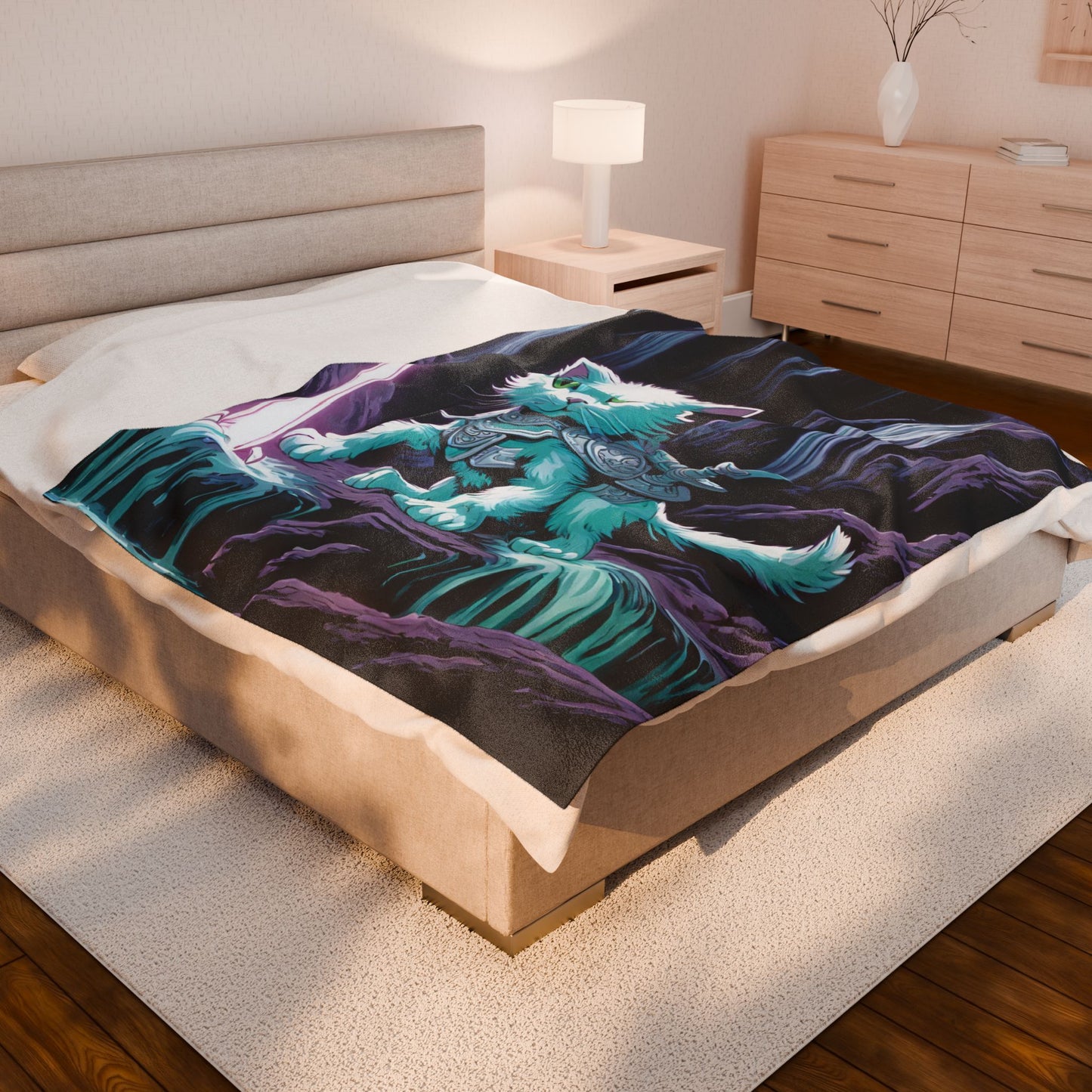 Warrior Cat Blanket, Waterfall Cat Plush Throw Blanket, Neon Sword Seeker, Armored Kitty Bed Cover, Glowing Cave Bedroom Twin Cover