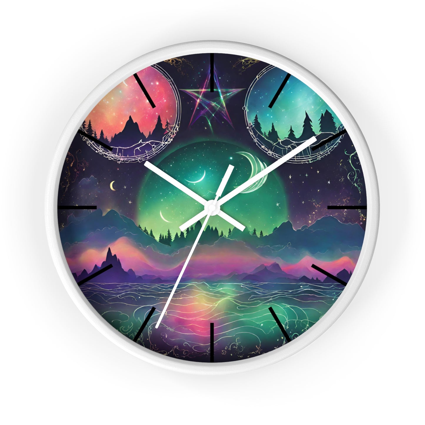 Moonlight Mountains Wall Clock | Aurora Borealis Astronomy Star Moons Constellations Office Decor Gift, Solar System Home Hanging Unique Art