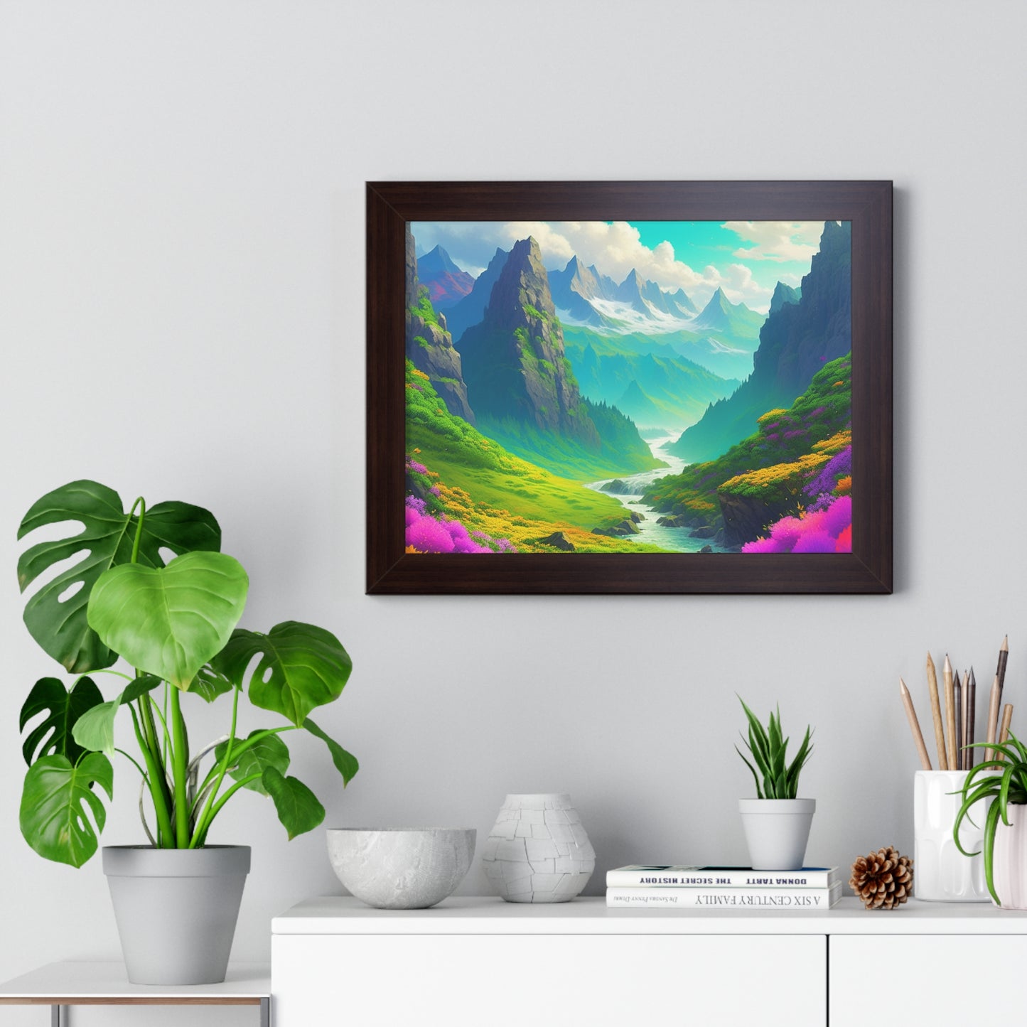 Fantasy Art Flower Mountain Valley, Landscape Framed Poster, Video Game Open World Scene Picture, River Spring Wall Hanging, Office Scenery