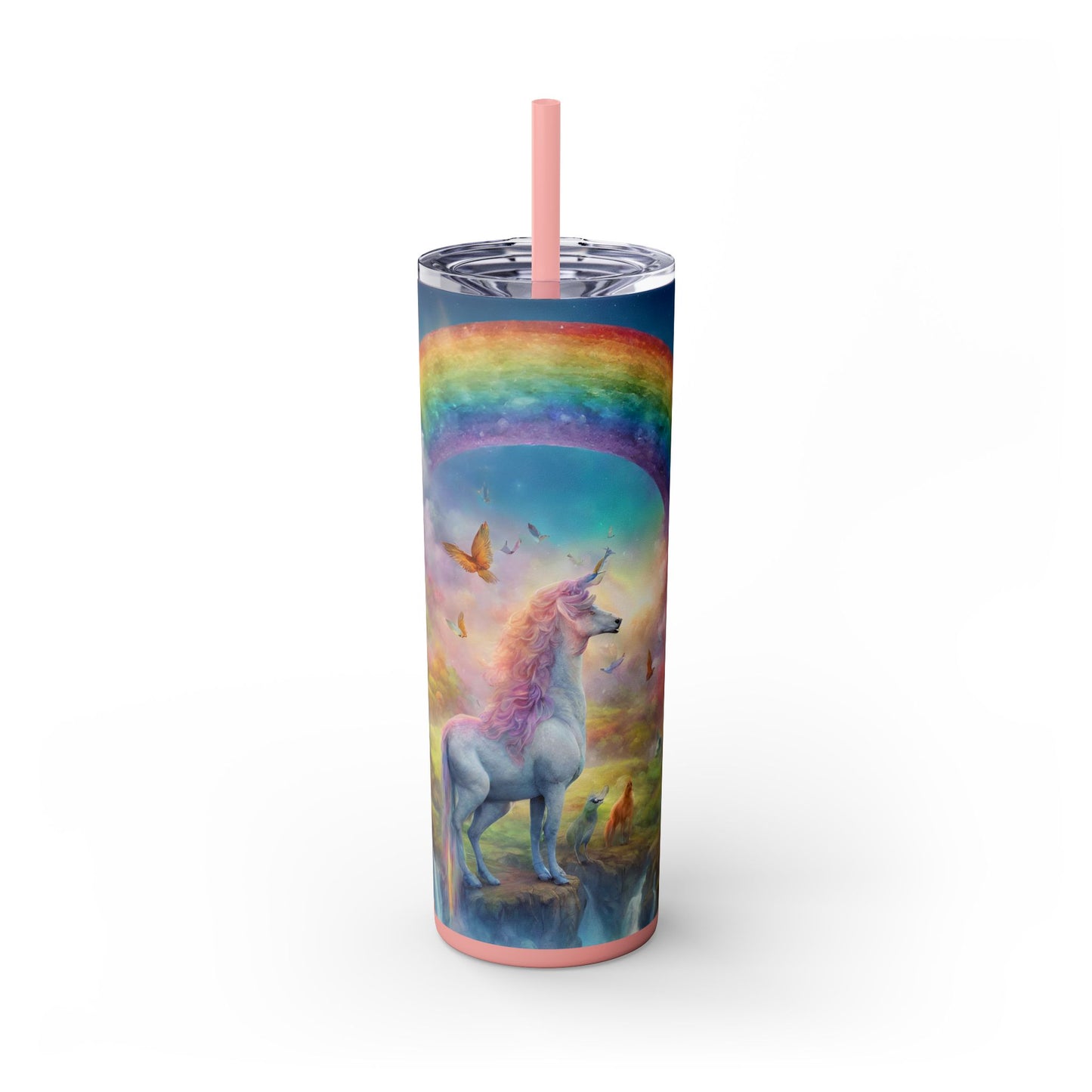 Girls Rainbow Unicorn Tumbler, Skinny Drinking Hot Cold Traveler, Mystical Fantasy Liquid Cup