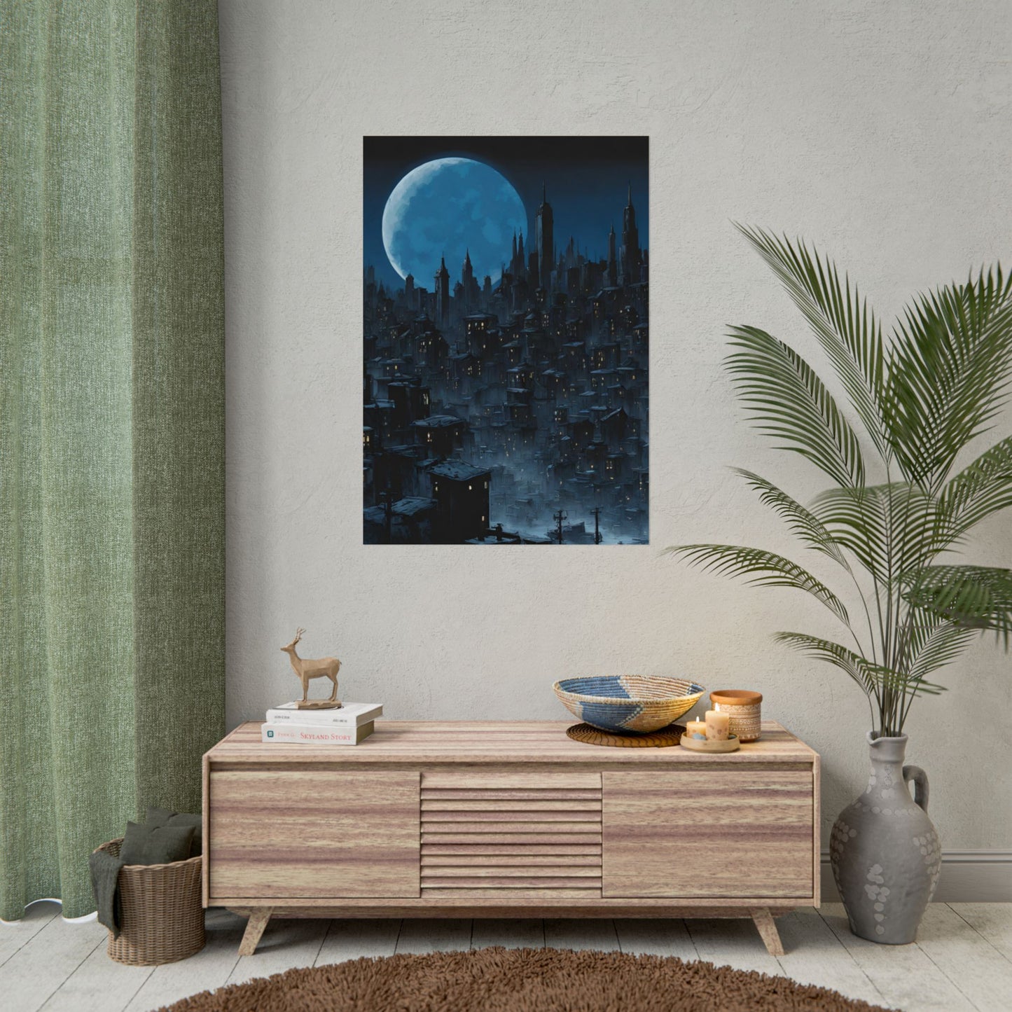 Wall Decor | Dark City Of The Night Poster | Blue Moon Darkness Falls Art | Gothic Lunar Moonlight Skyline | Living Room or Office Decor