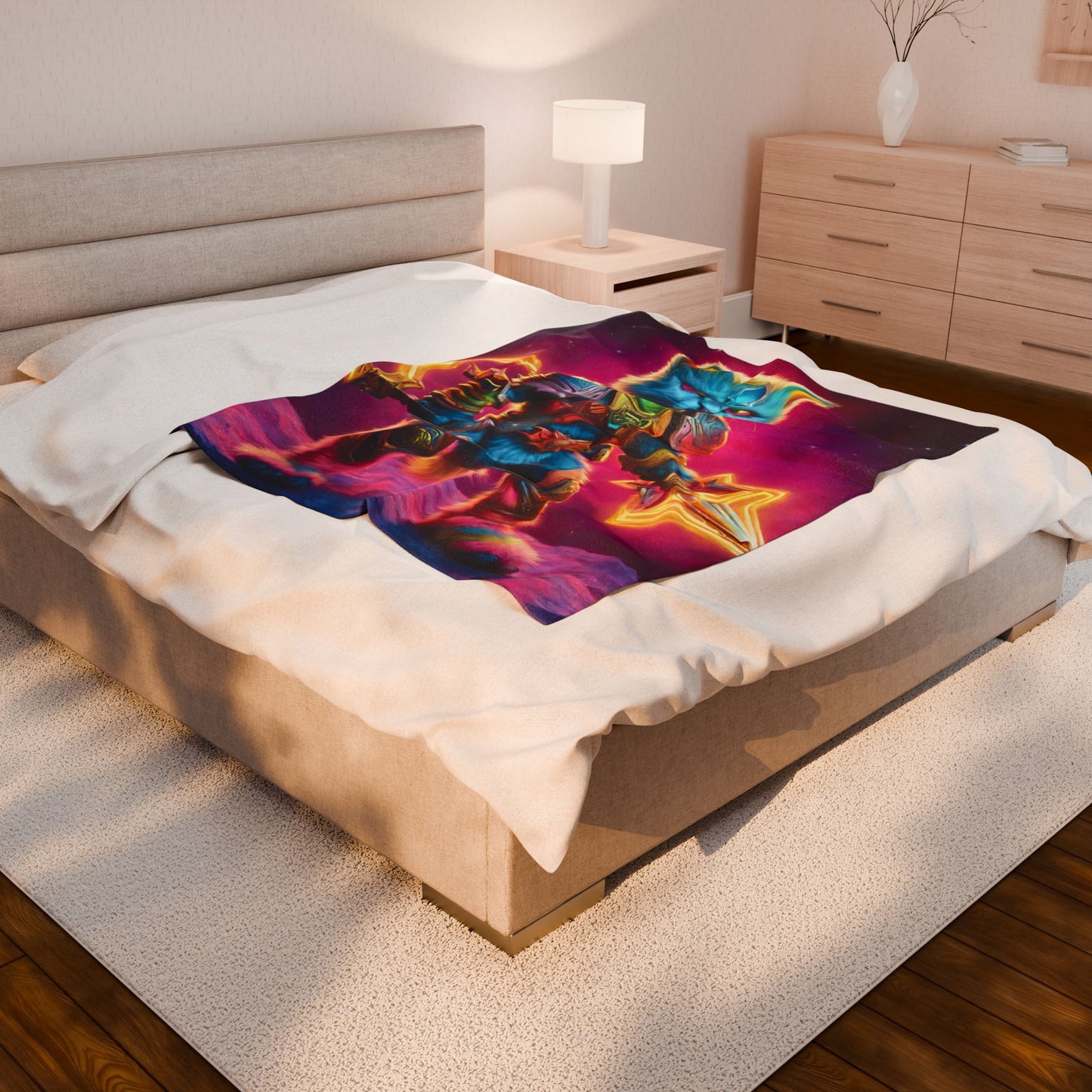 Rainbow Neon Warrior Cat Blanket, Glowing Feline Couch Throw, Armored Fighter Kitten Bed Cover, Awesome Kid or Adult Gift Bedroom Cover