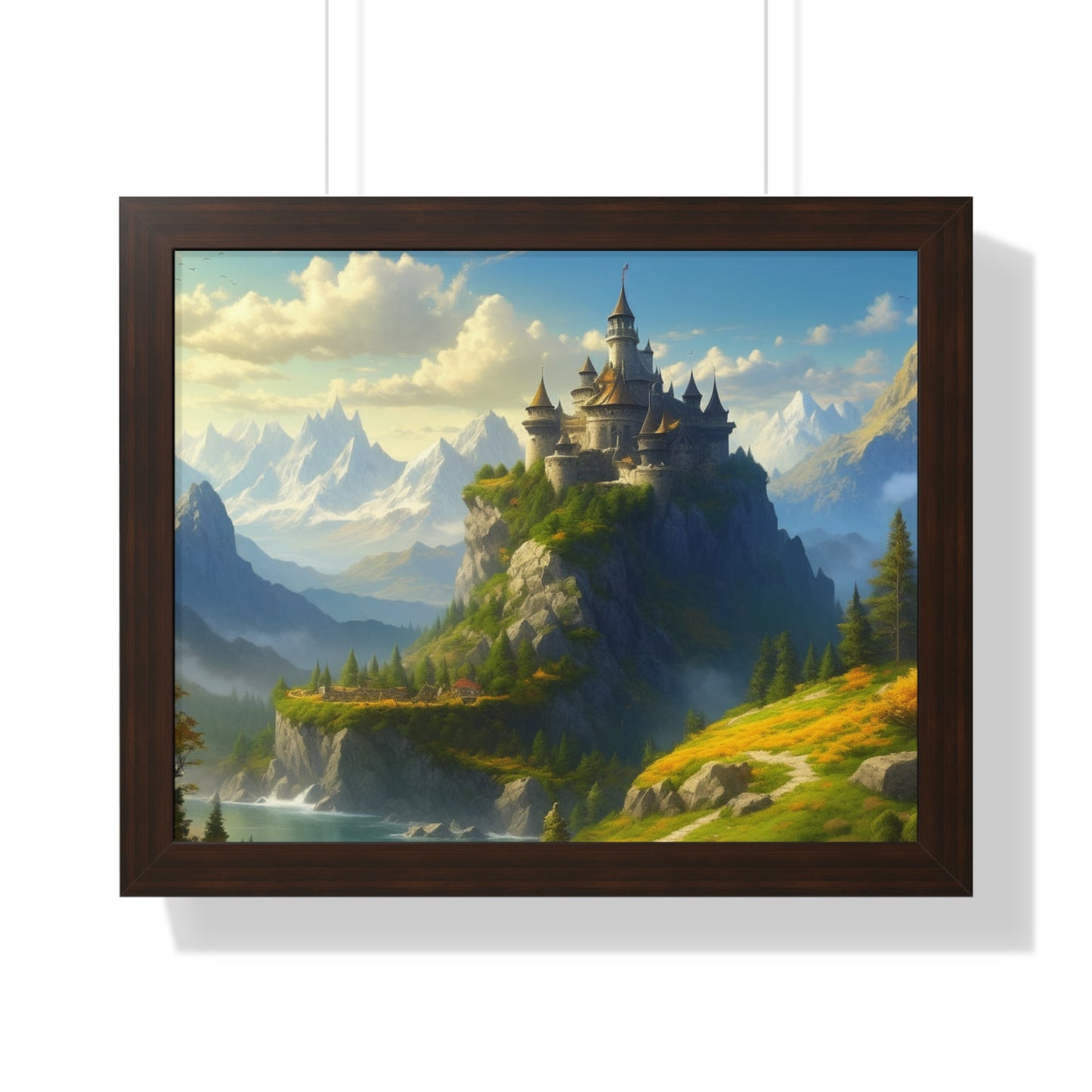 Video Game Fantasy Castle, RPG Valley Framed Poster, Mountain Nature Scene Picture, Open World Style Wall Hanging, Gamer Office Scenery