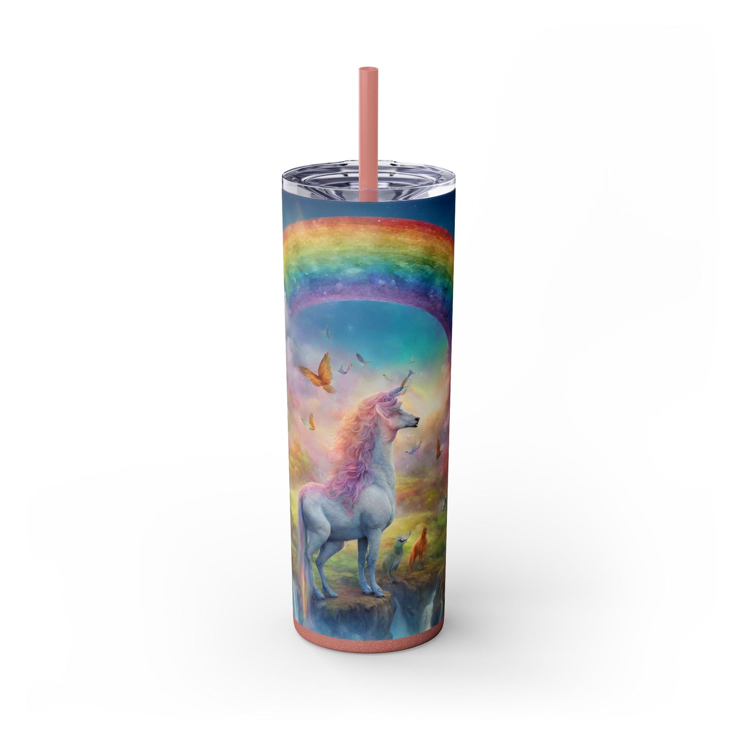 Girls Rainbow Unicorn Tumbler, Skinny Drinking Hot Cold Traveler, Mystical Fantasy Liquid Cup