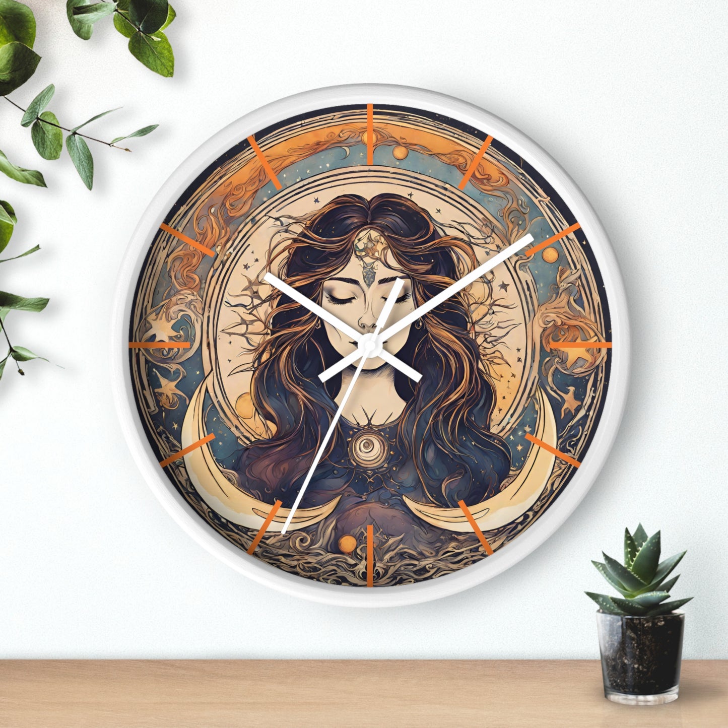 Sun & Moon Goddess Wall Art Clock | Lunar Stars and Space Astronomy Wall Hanging | Keeper of Time Home Office Solar System Wall Decor Gift