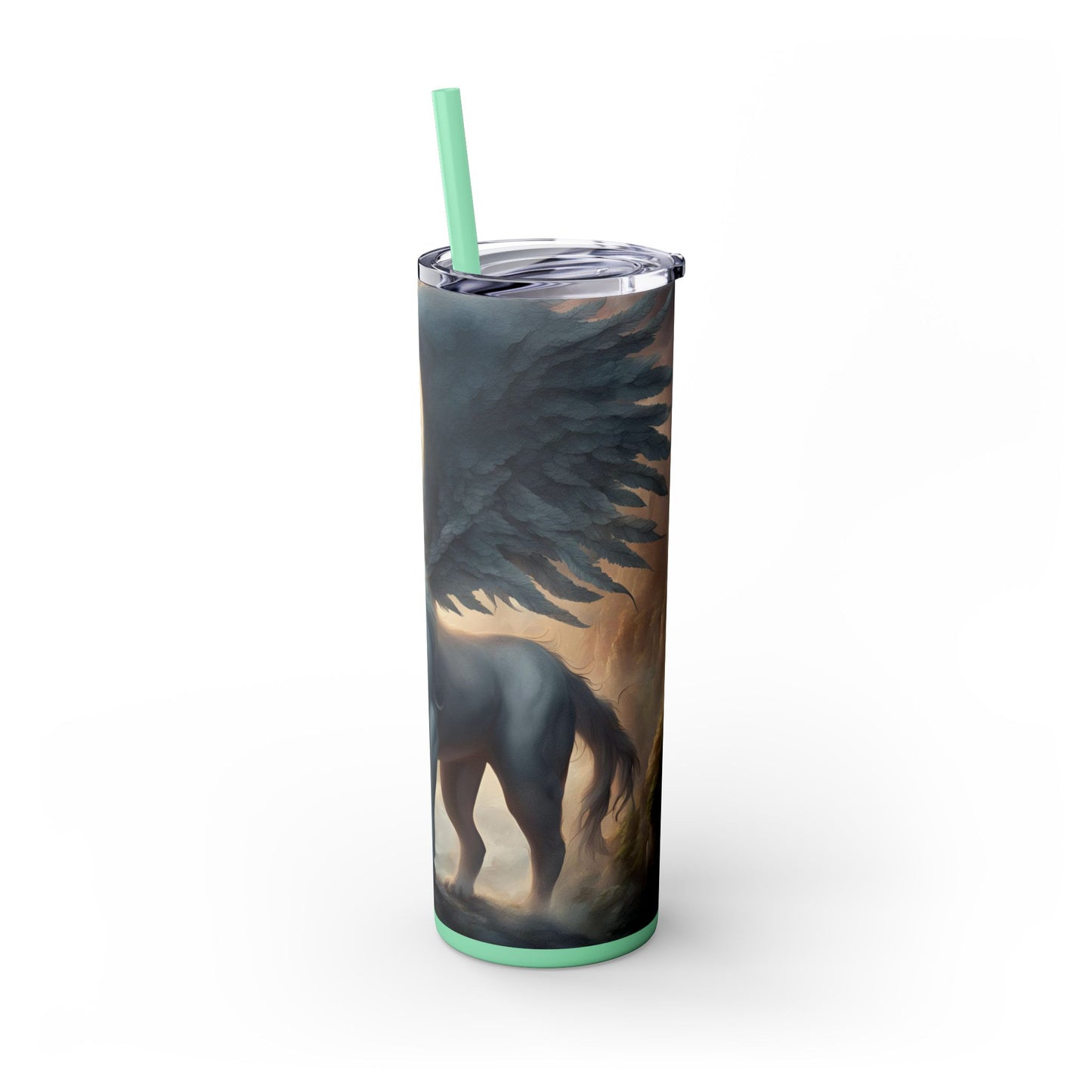 Majestic Myths Skinny Tumbler | Pegasus Horned Winged Horse Drinking Cup | Mystical Mountain Cloud Fantasy Road Trip Exercise Traveler