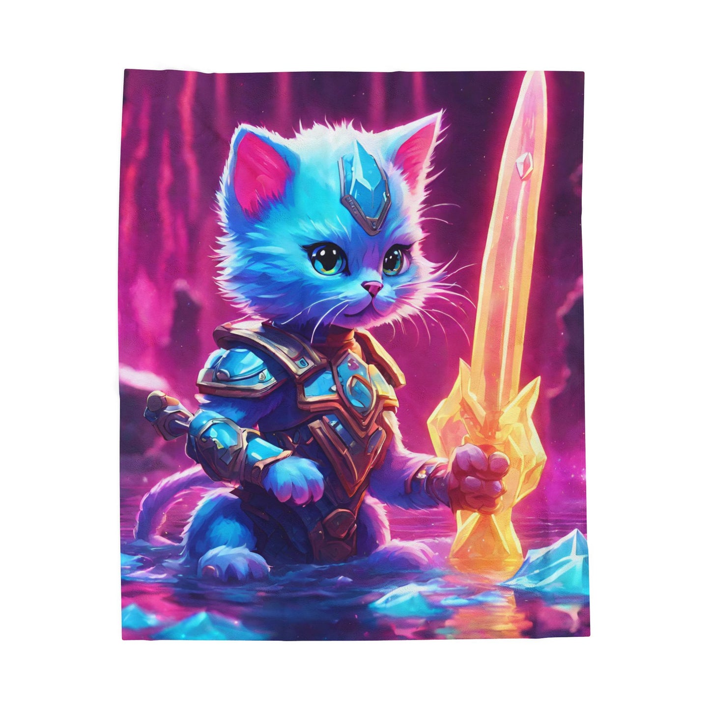 Warrior Cat Crystal Sword Blanket, Glowing Neon Cave Plush Sheet Blanket, Armored Kitten Bed Cover, Shielded Mystic Blade Bedroom Throw