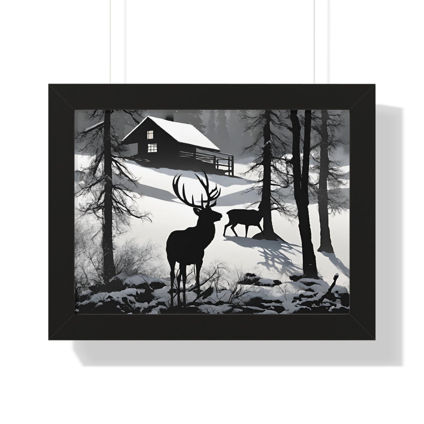 Animal Wall Art, Deer Hunter Picture, Buck Print, Hunting Cabin, Shadow Wall Hanging, Winter Snow Image, Living Room Poster, Framed Art