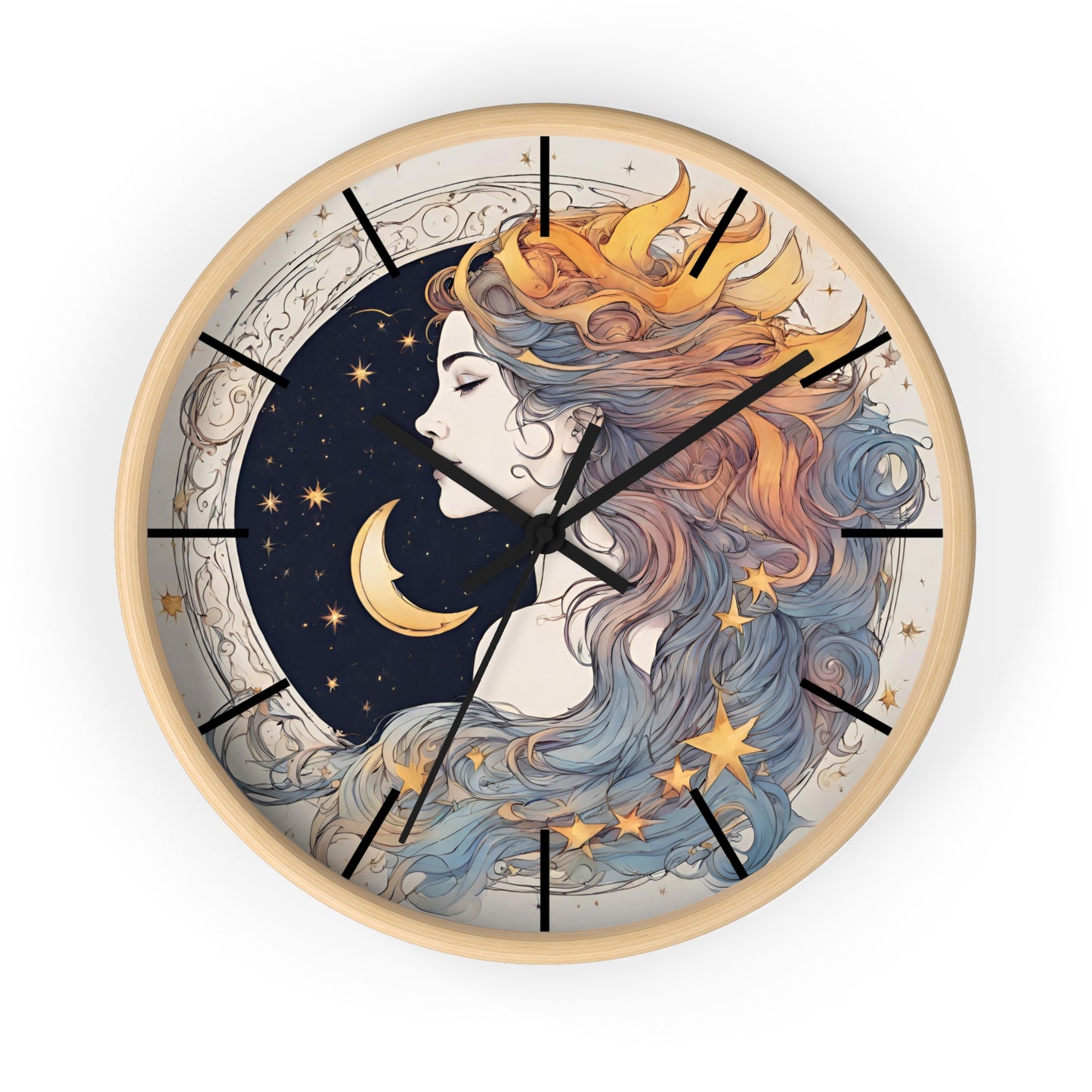 Moon Goddess Lined Wall Art Clock | Lunar Stars & Space Astronomy Wall Hanging | Woman of Time Home Office Solar System Wall Decor Gift