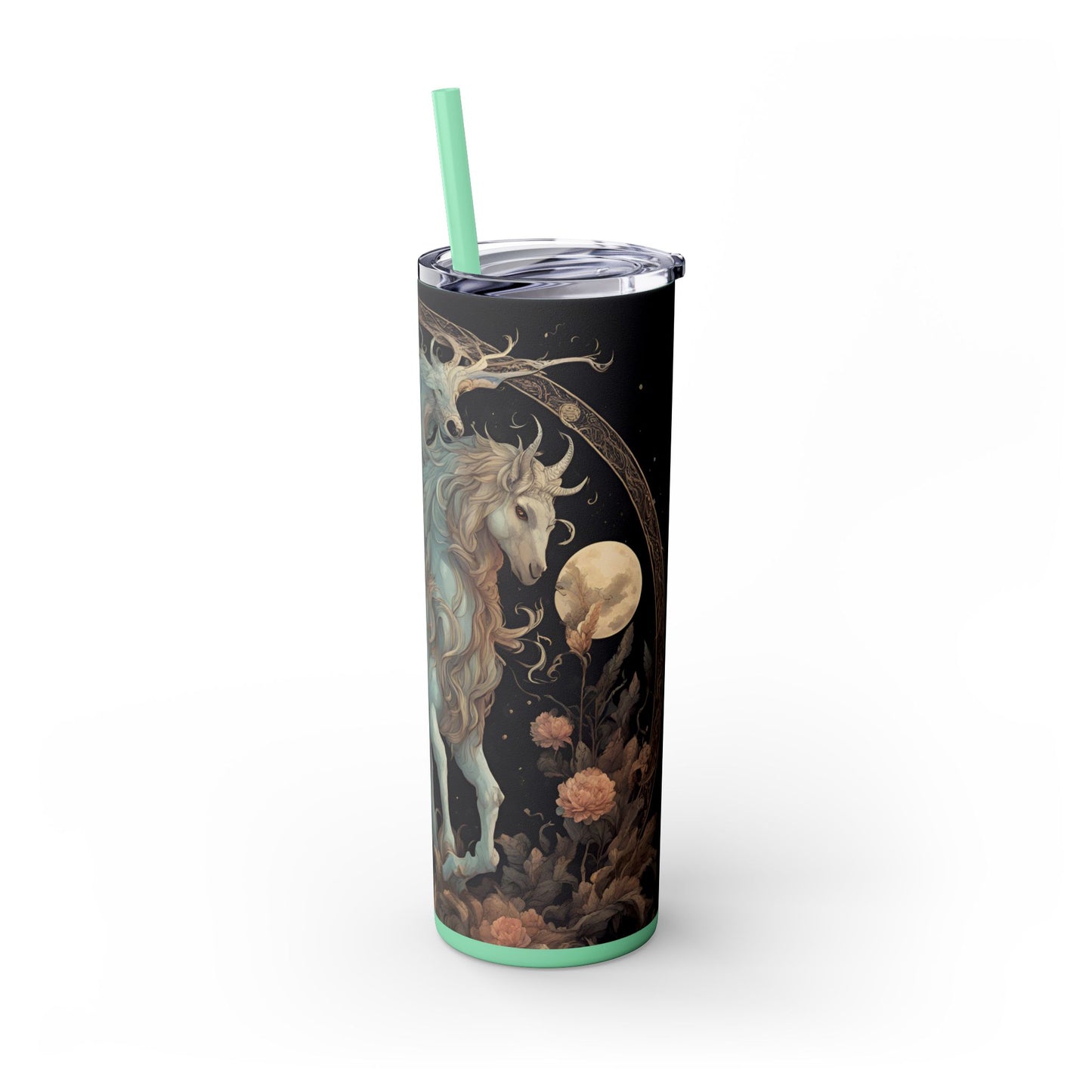 Majestic Myths Skinny Tumbler | Horned Goat Horse Drinking Cup | Floral Flower Night Sky Moon Fantasy Road Trip Exercise Traveler